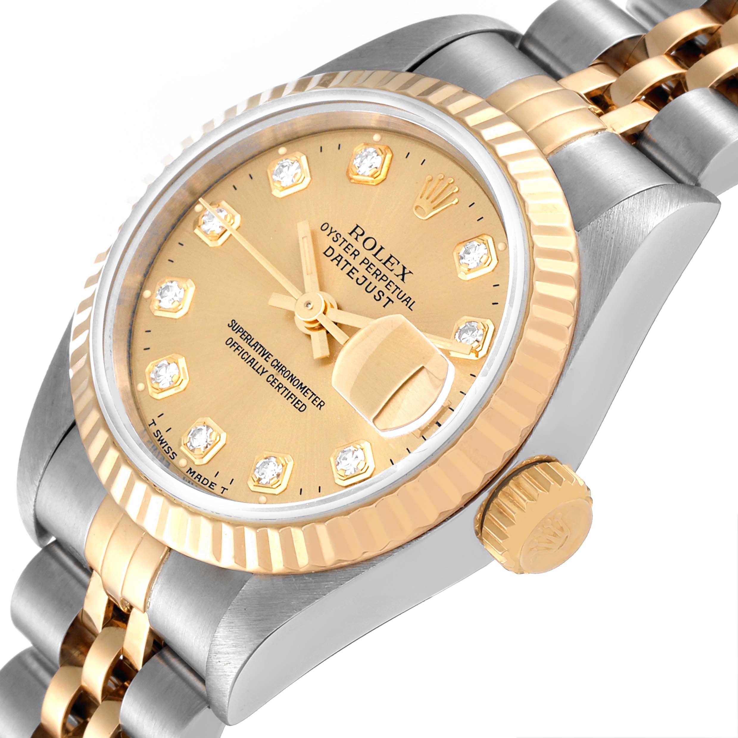 The image shows a side and partial top view of a Rolex Datejust 69173 Women's Steel and Gold (two tone) Champagne Dial 69173 Women's Steel and Gold (two tone) Champagne Dial, highlighting its gold and silver dial and bracelet.