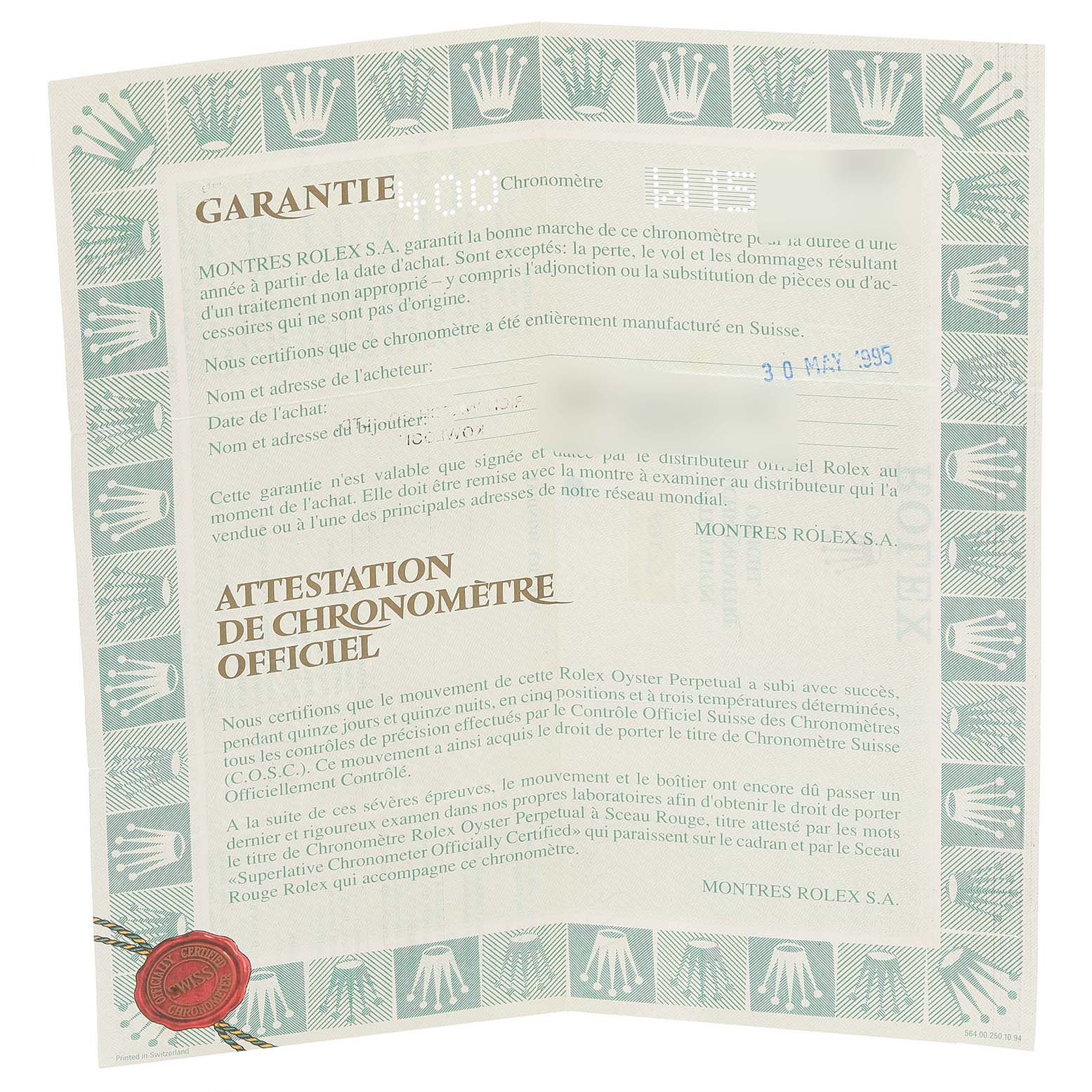 This image shows an official certificate and warranty card for the Rolex Datejust 69173 Women's Steel and Gold (two tone) Champagne Dial 69173 Women's Steel and Gold (two tone) Champagne Dial model.