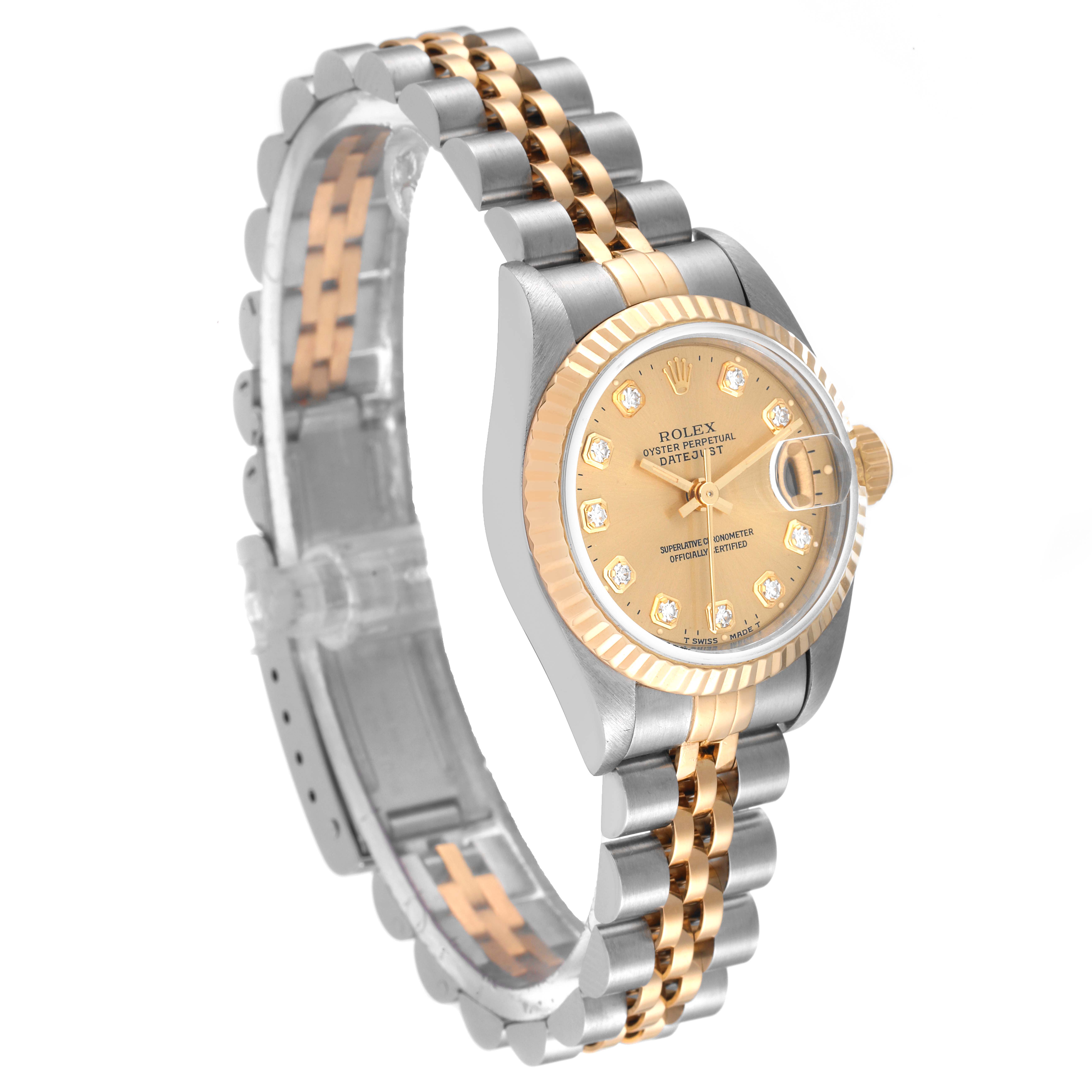 The Rolex Datejust 69173 Women's Steel and Gold (two tone) Champagne Dial 69173 Women's Steel and Gold (two tone) Champagne Dial watch is shown at an angled side view, highlighting its face, two-tone bracelet, and fluted bezel.