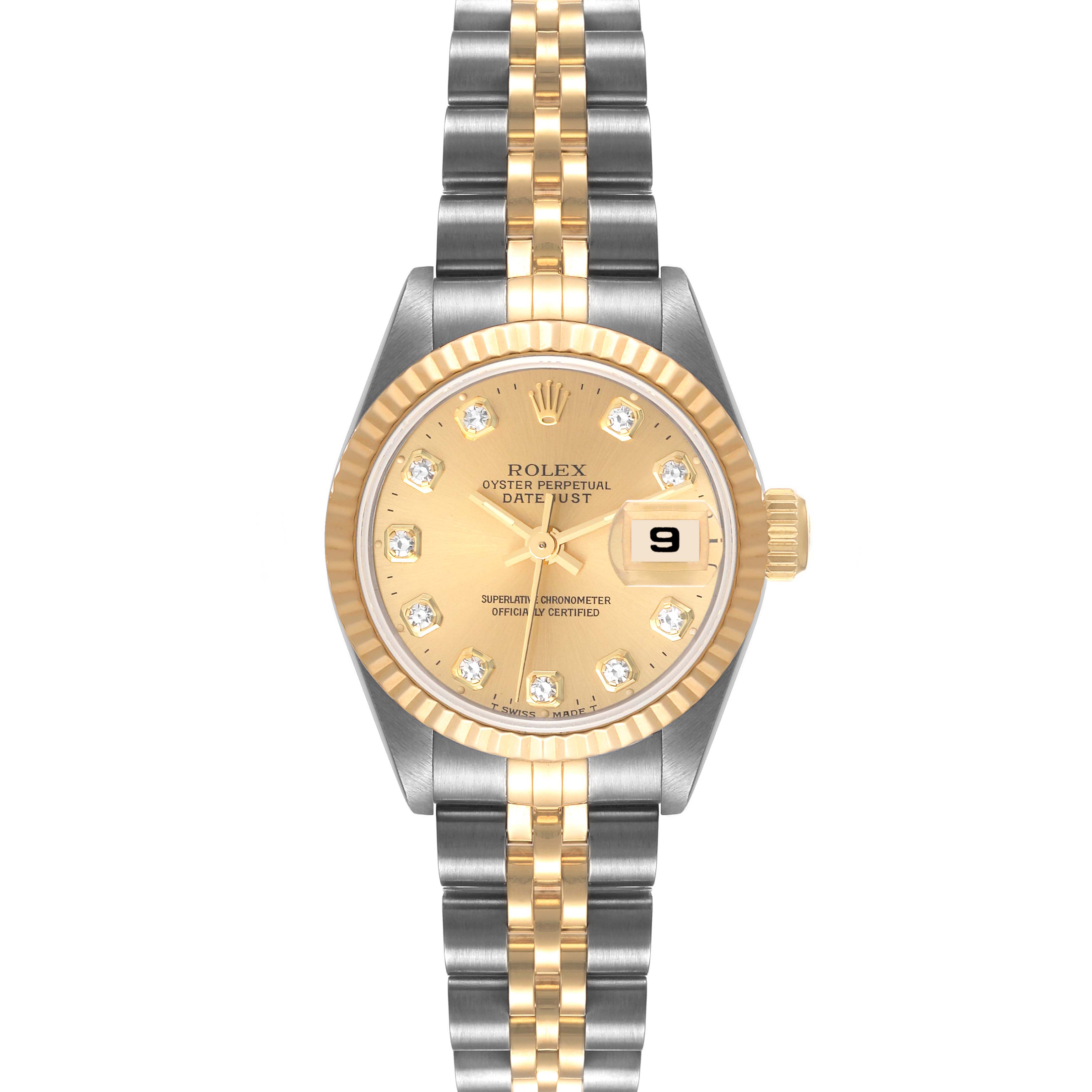 This image shows a frontal view of the Rolex Datejust 69173 Women's Steel and Gold (two tone) Champagne Dial 69173 Women's Steel and Gold (two tone) Champagne Dial watch, displaying the dial, hands, date window, and bracelet.