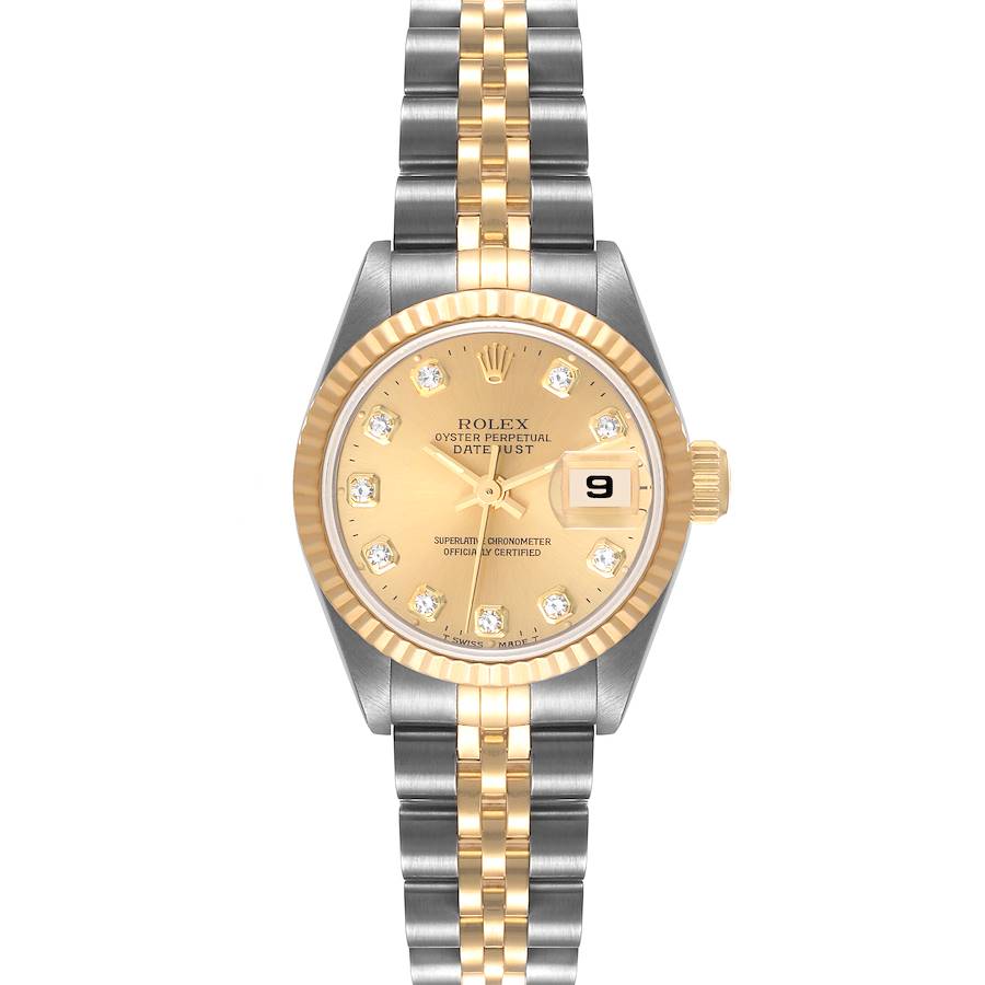 This image shows a frontal view of the Rolex Datejust watch, displaying the dial, hands, date window, and bracelet.