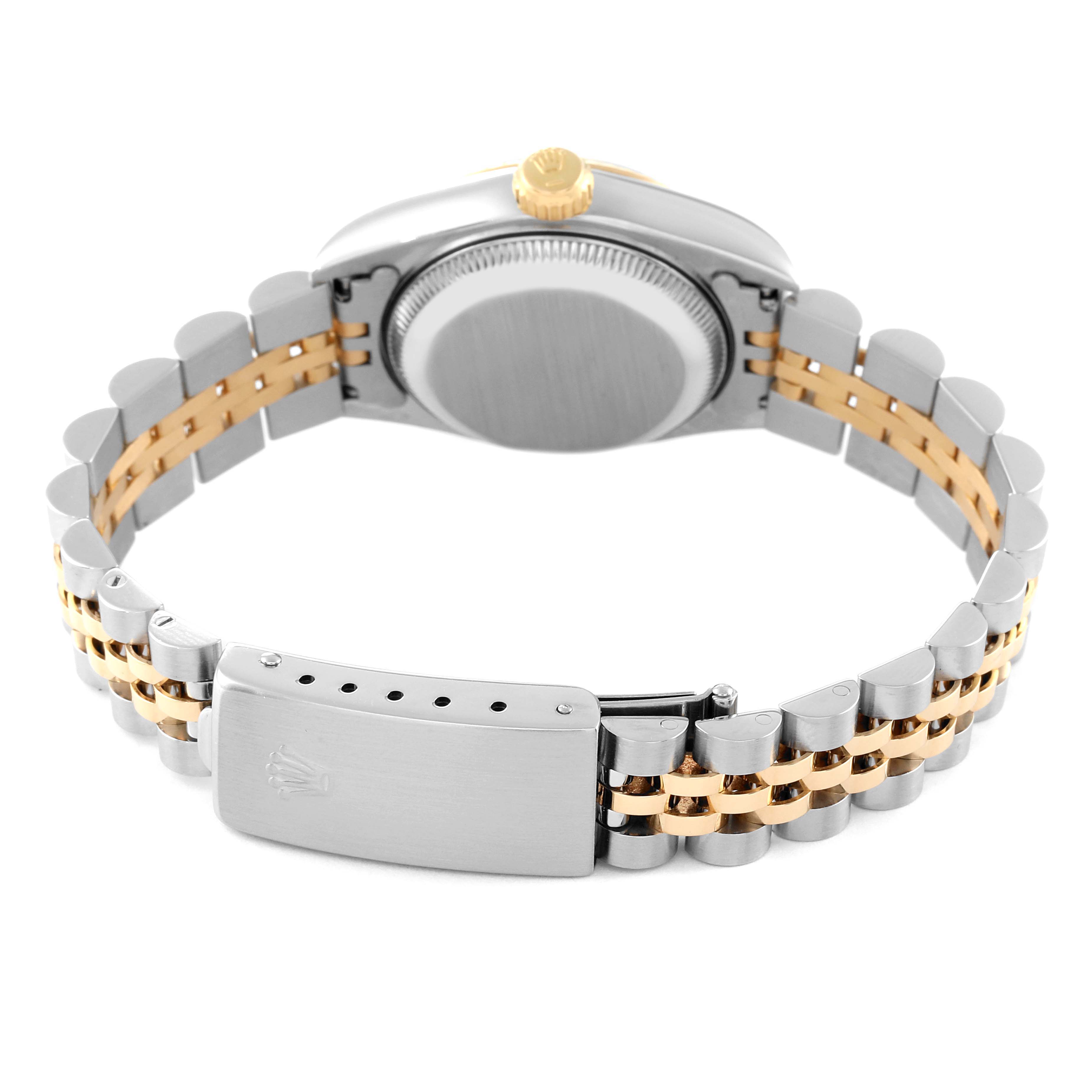 The image shows the back of a Rolex Datejust 69173 Women's Steel and Gold (two tone) Champagne Dial 69173 Women's Steel and Gold (two tone) Champagne Dial model watch, highlighting the clasp, case back, and two-tone bracelet.