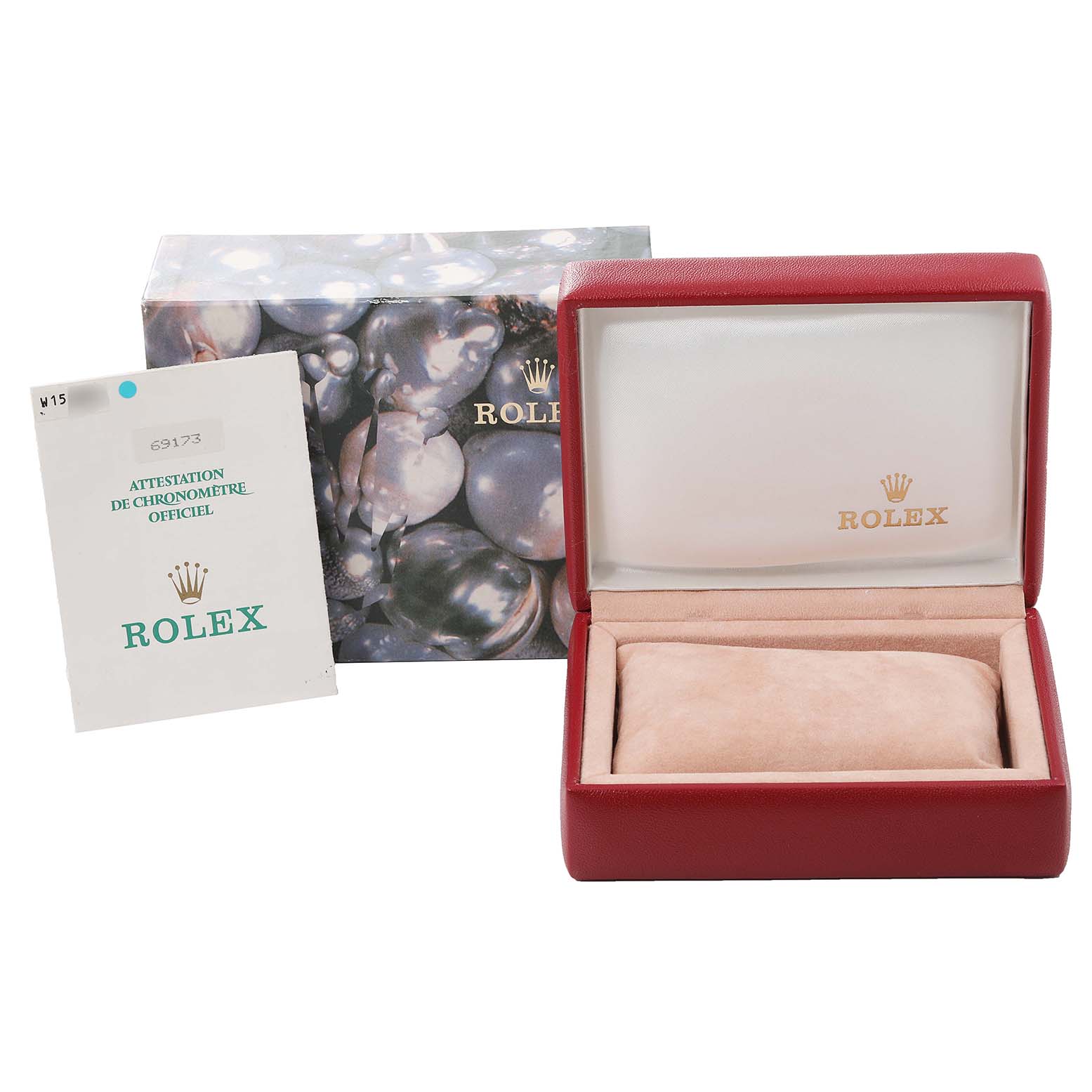 The image shows a Rolex Datejust 69173 Women's Steel and Gold (two tone) Champagne Dial 69173 Women's Steel and Gold (two tone) Champagne Dial watch box, official chronometer certification, and outer cover, all viewed from the front.