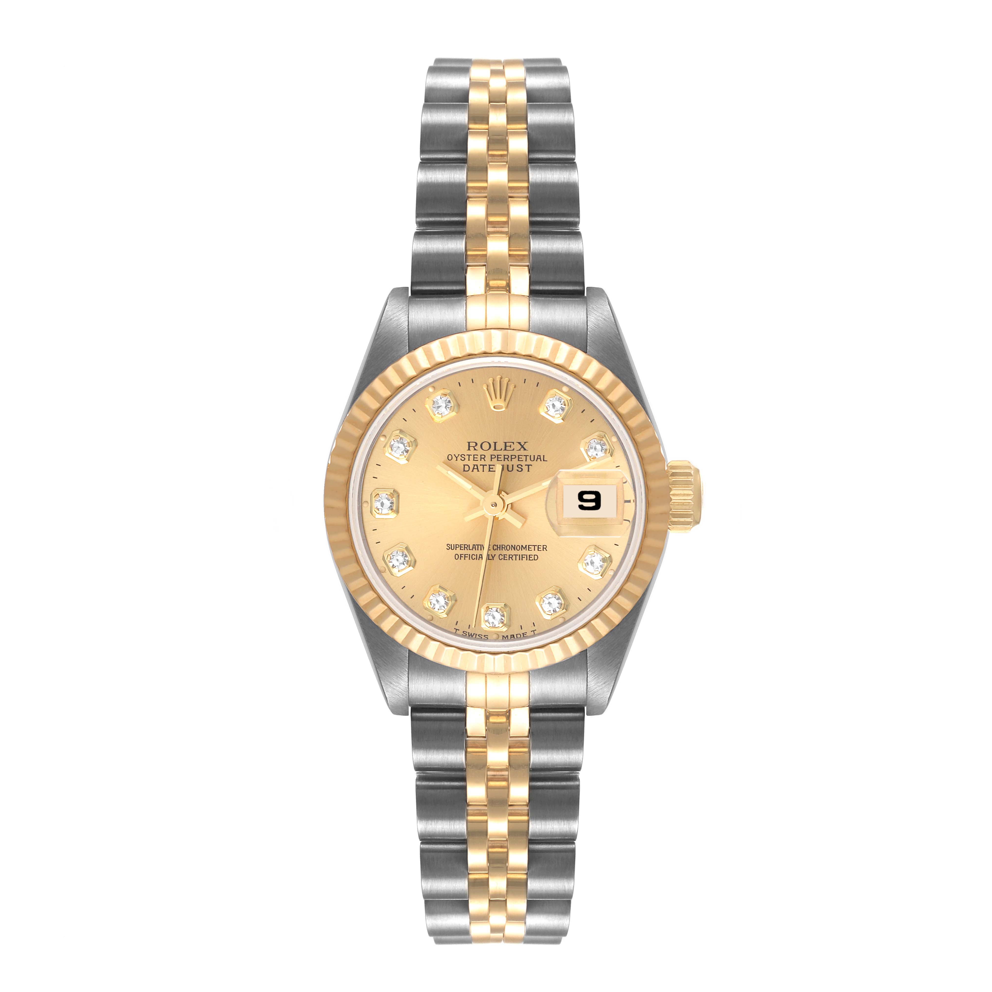 The Rolex Datejust 69173 Women's Steel and Gold (two tone) Champagne Dial 69173 Women's Steel and Gold (two tone) Champagne Dial watch is shown from a top-down view, displaying its face, bezel, and two-tone bracelet.
