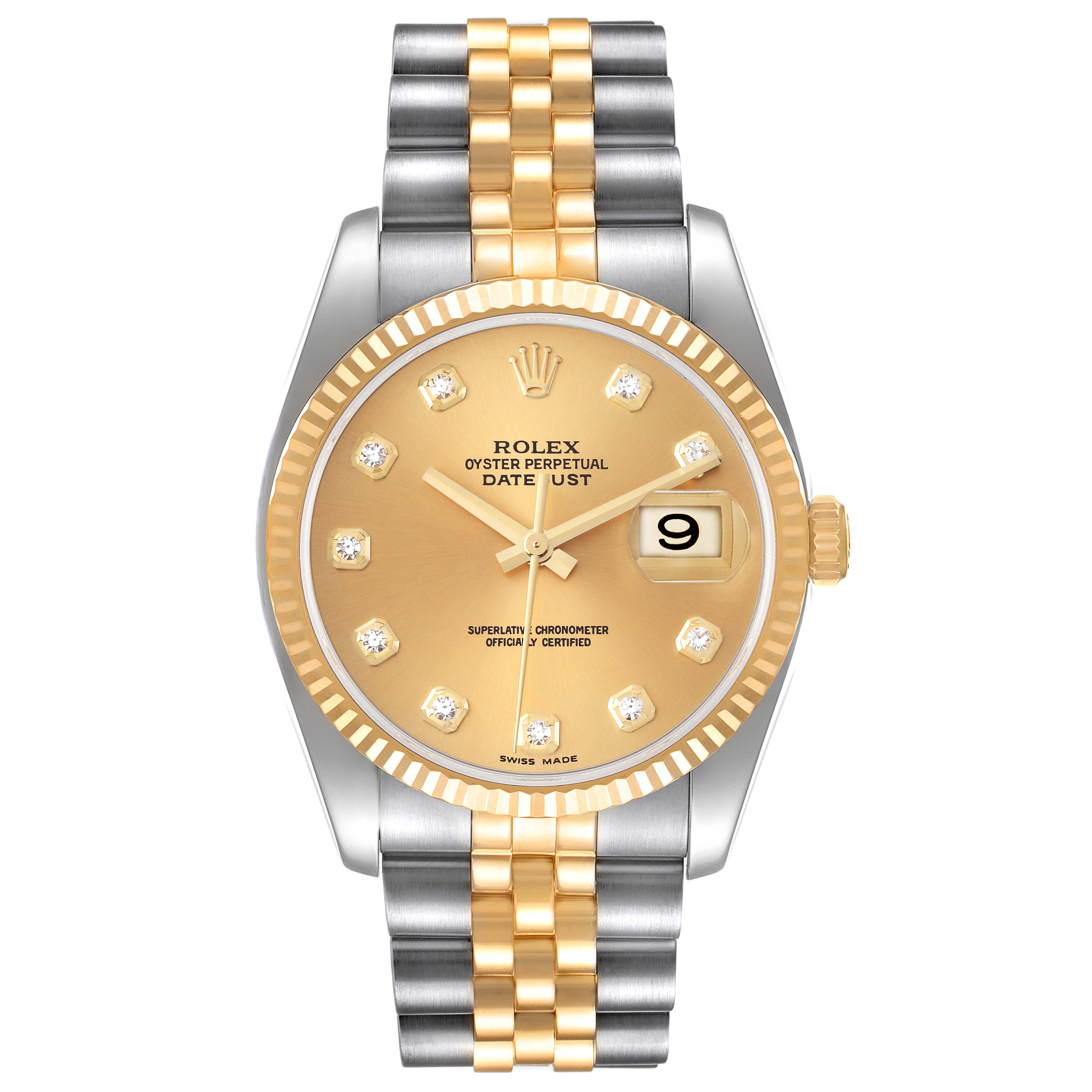 The image shows a front view of a Rolex Datejust 116233 Men's Steel and Gold (two tone) Champagne Dial 116233 Men's Steel and Gold (two tone) Champagne Dial watch with a two-tone bracelet, diamond hour markers, and a date display.