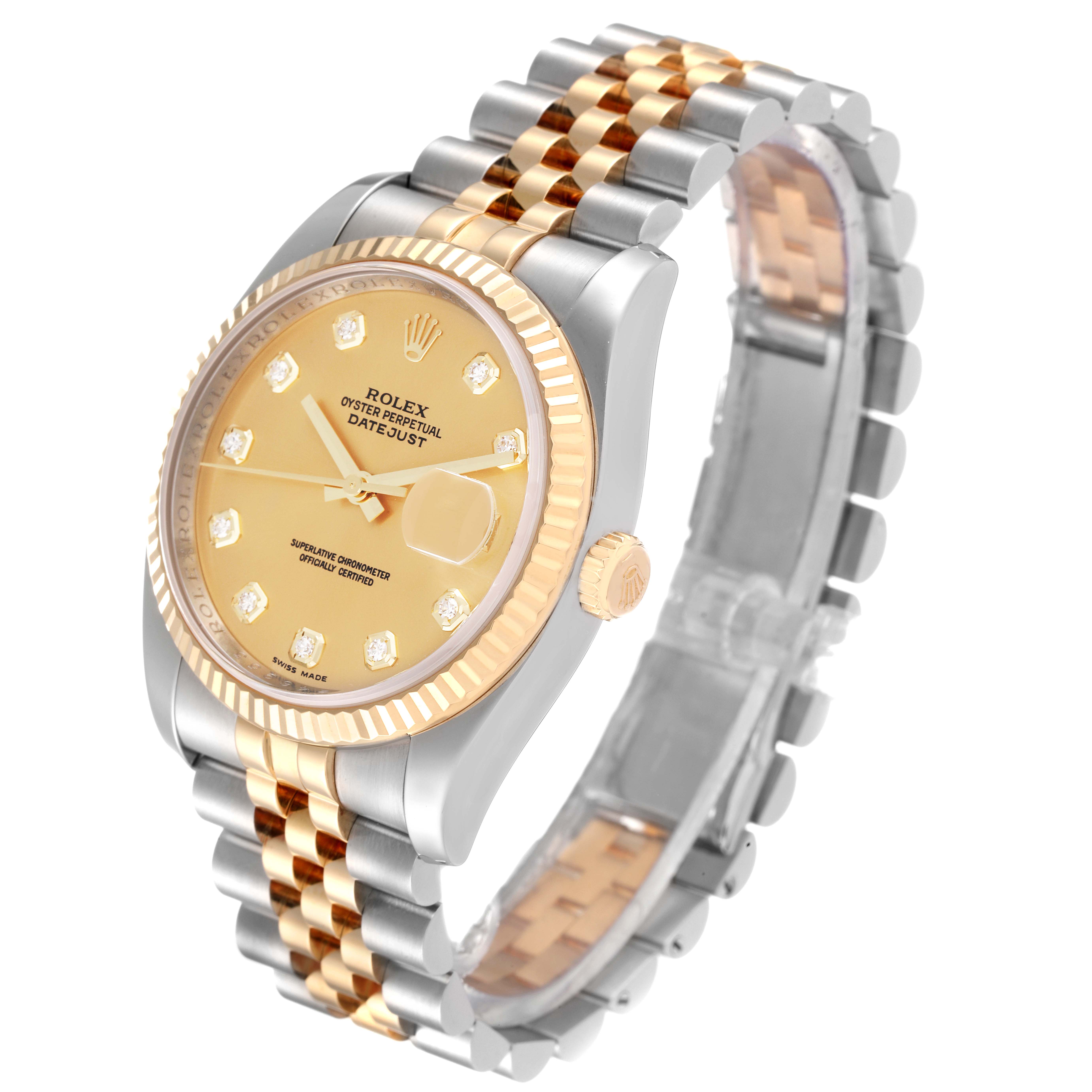 The Rolex Datejust 116233 Men's Steel and Gold (two tone) Champagne Dial 116233 Men's Steel and Gold (two tone) Champagne Dial model is shown from a three-quarter angle, displaying the dial, bezel, crown, bracelet, and clasp.