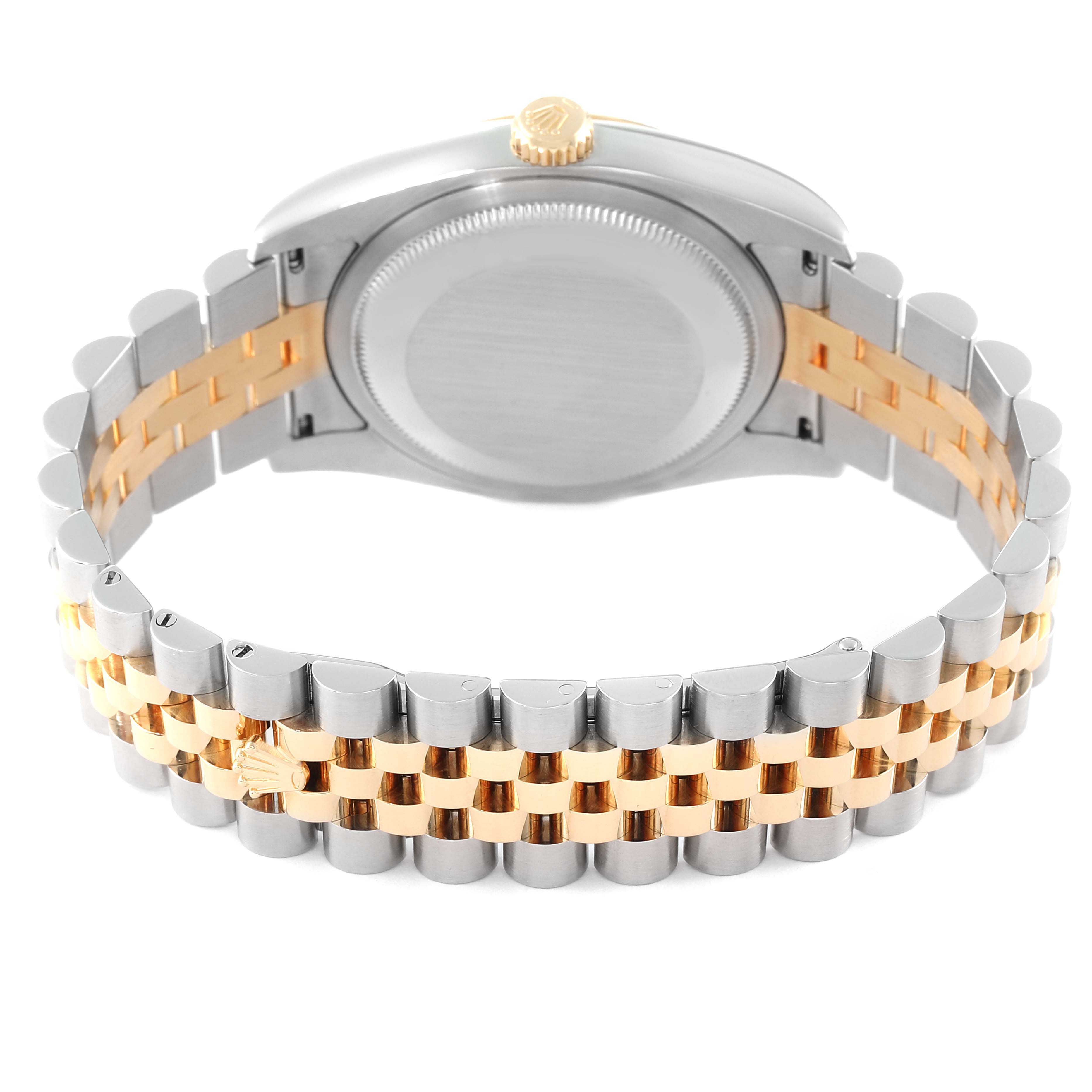 The image shows the back and bracelet of a Rolex Datejust 116233 Men's Steel and Gold (two tone) Champagne Dial 116233 Men's Steel and Gold (two tone) Champagne Dial watch, highlighting the two-tone metal design and the case back.