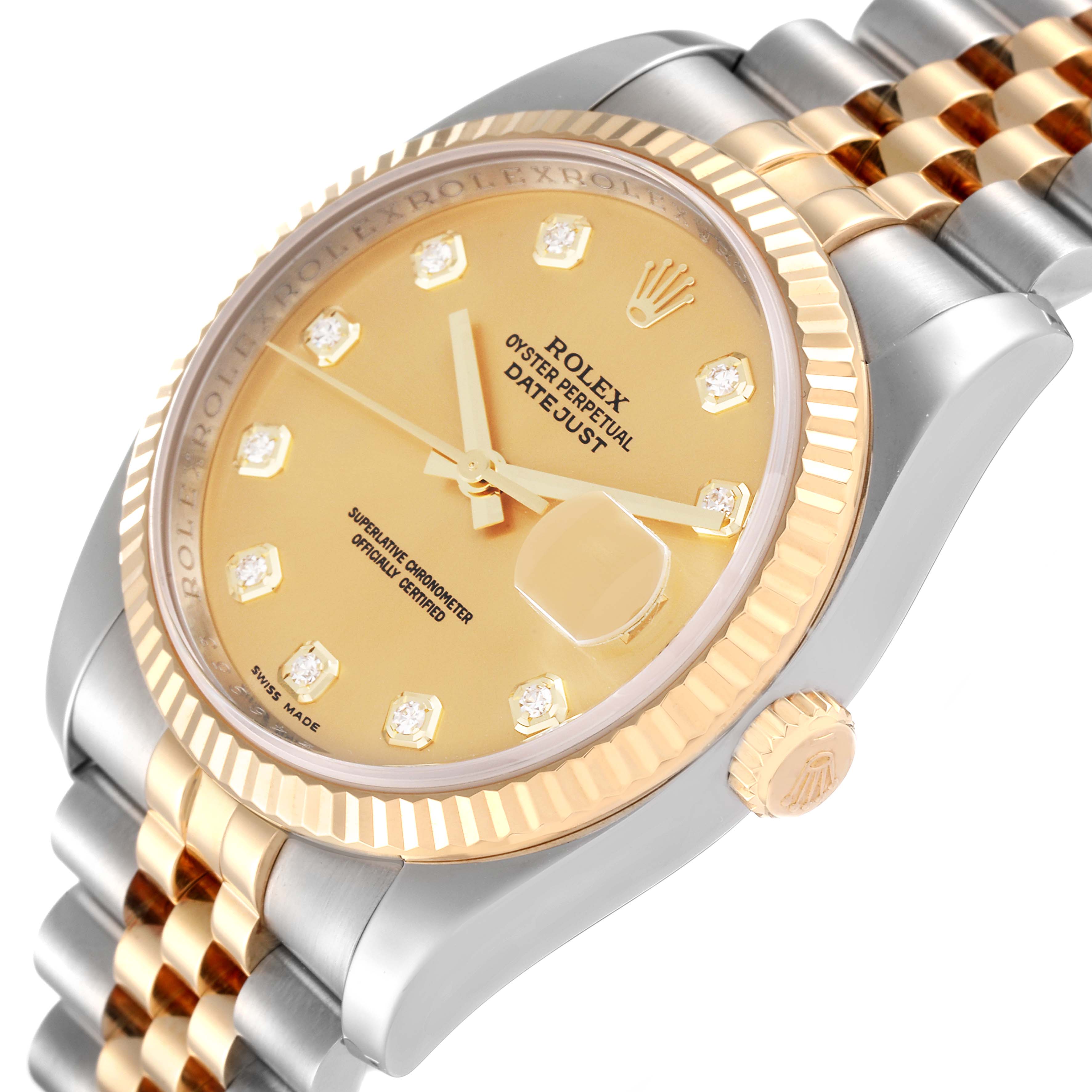 The image shows a close-up, angled view of a Rolex Datejust 116233 Men's Steel and Gold (two tone) Champagne Dial 116233 Men's Steel and Gold (two tone) Champagne Dial watch, highlighting the dial, bezel, and part of the bracelet.