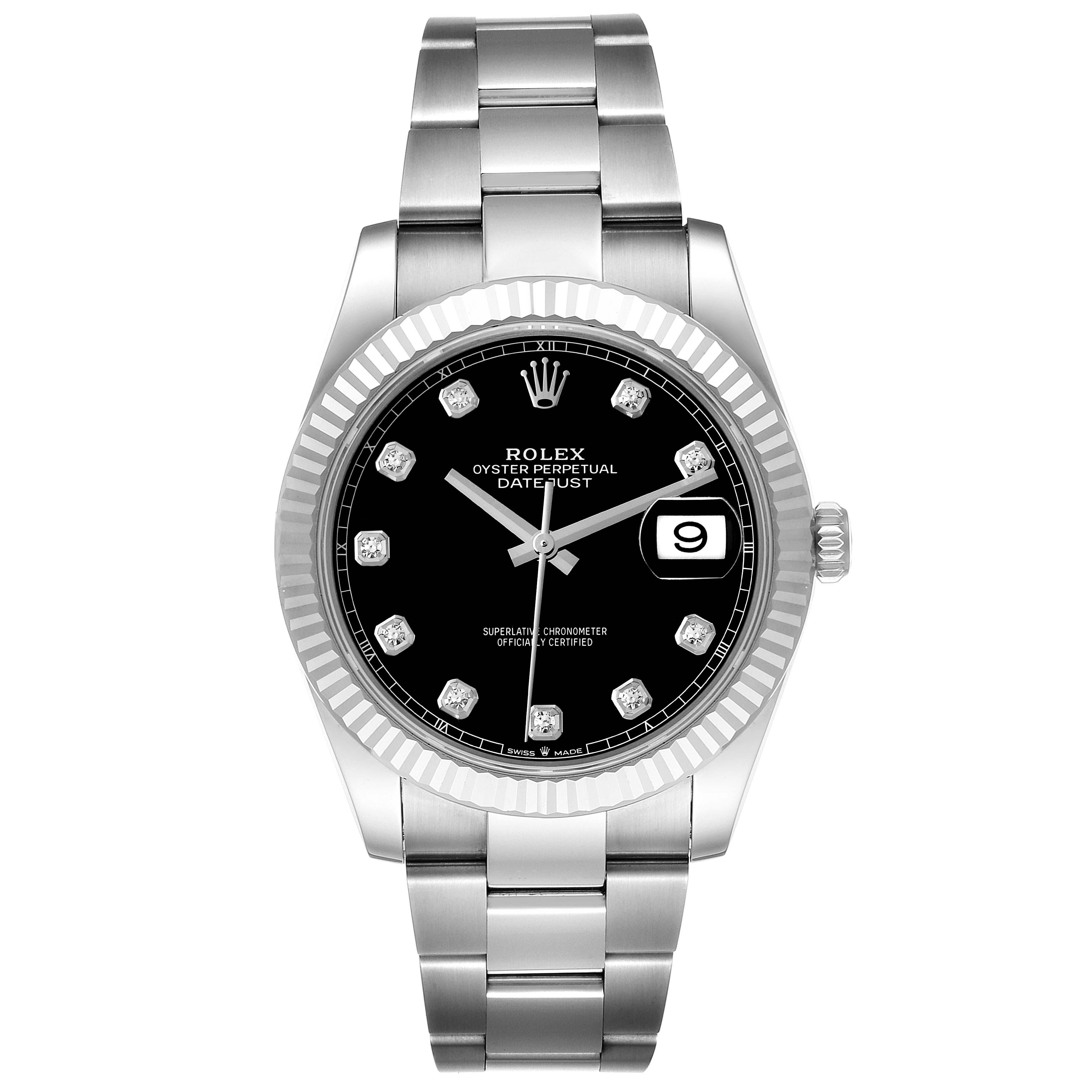 The image shows a front view of the Rolex Datejust 41 126334 Men
s Stainless Steel Black Dial 126334 Men
s Stainless Steel Black Dial watch, highlighting its black dial, date display, and silver bracelet.