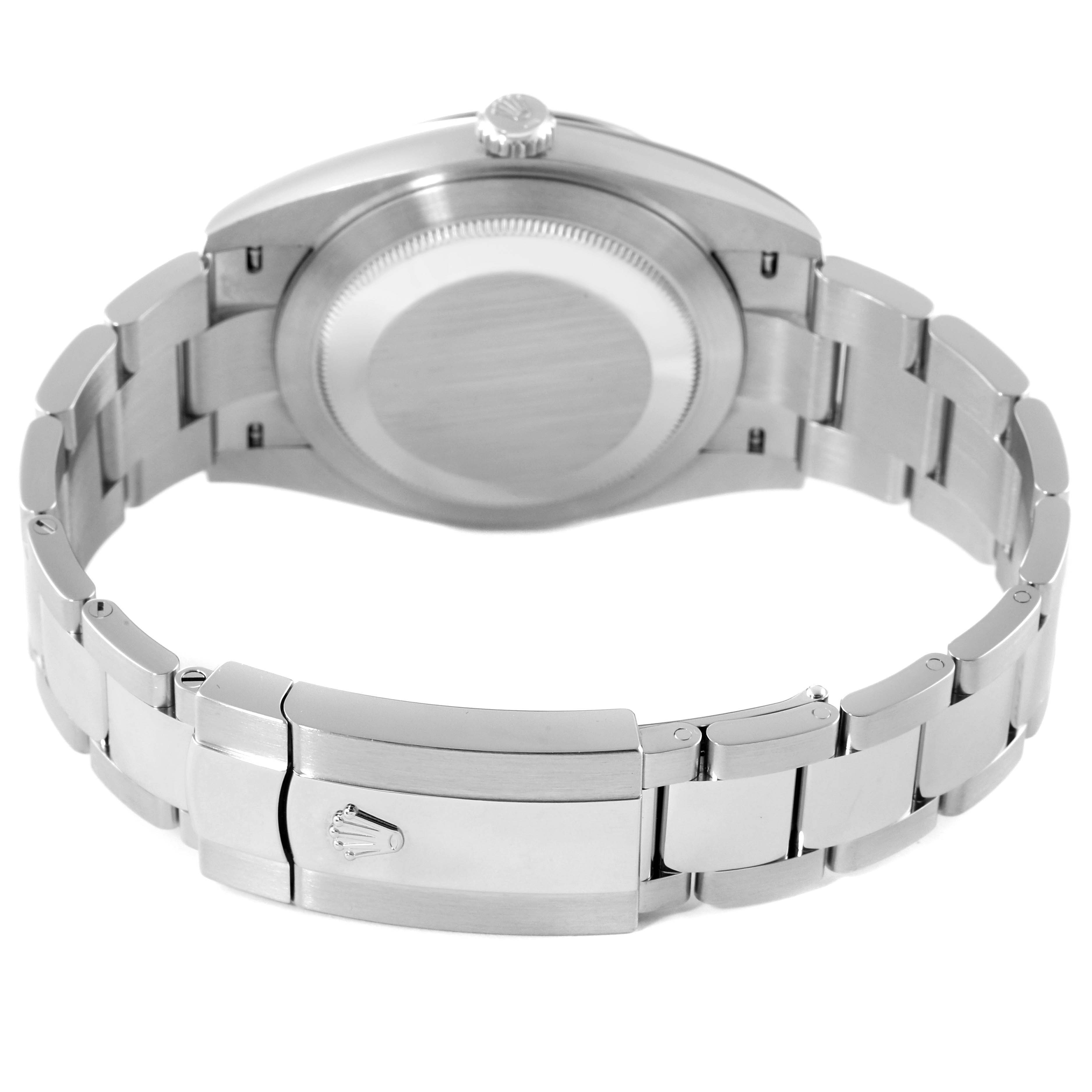 The image shows the back view of a Rolex Datejust 41 126334 Men
s Stainless Steel Black Dial 126334 Men
s Stainless Steel Black Dial watch, highlighting the case back, crown, and bracelet clasp.