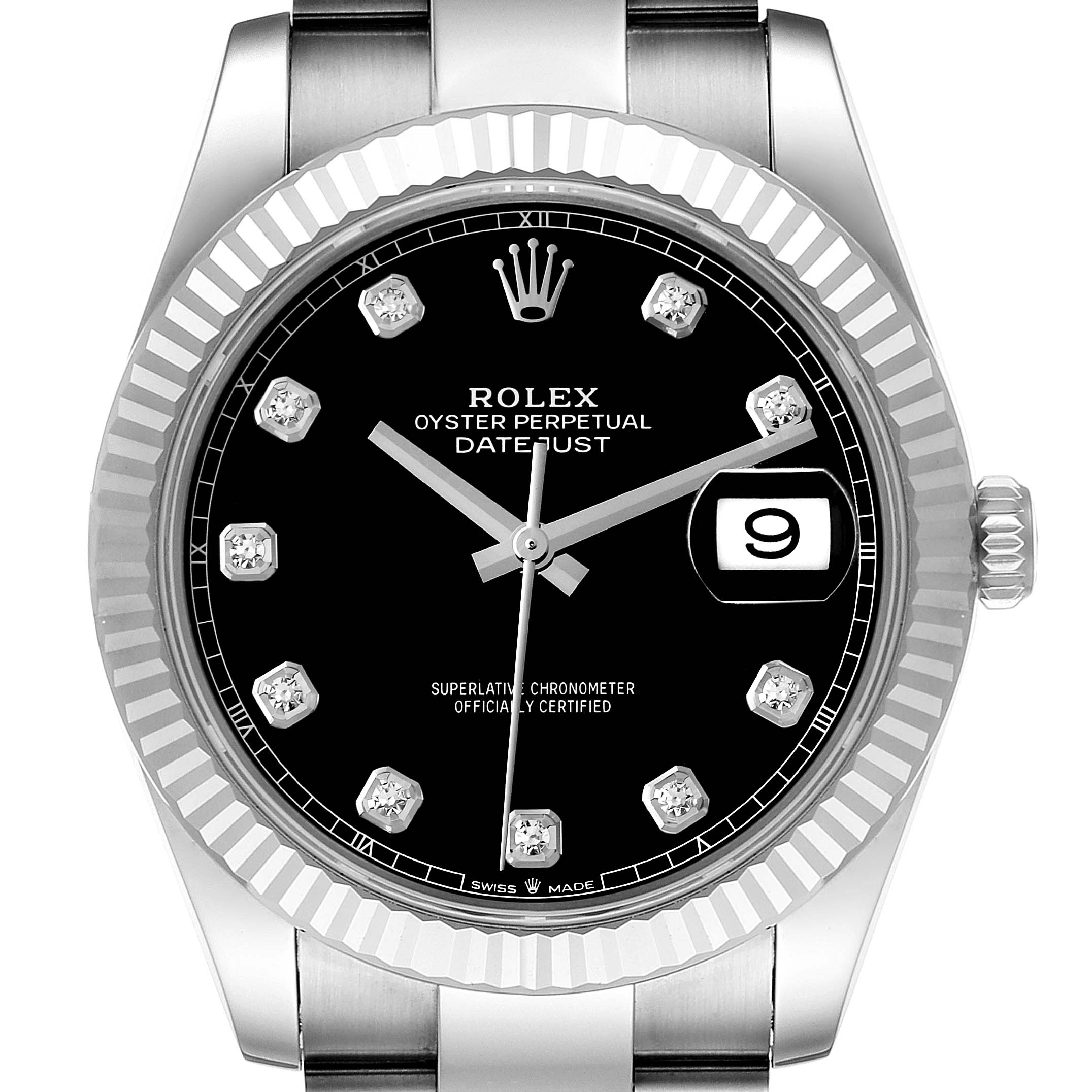 This image shows a close-up view of the face and bezel of a Rolex Datejust 41 126334 Men
s Stainless Steel Black Dial 126334 Men
s Stainless Steel Black Dial watch.