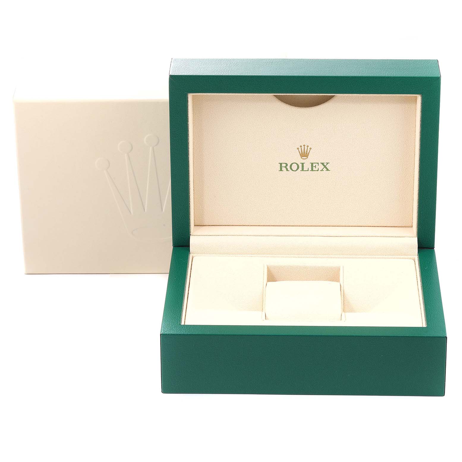 This image shows the opened presentation box for a Rolex Datejust 41 126334 Men
s Stainless Steel Black Dial 126334 Men
s Stainless Steel Black Dial watch, featuring a green exterior and beige interior with the Rolex logo.