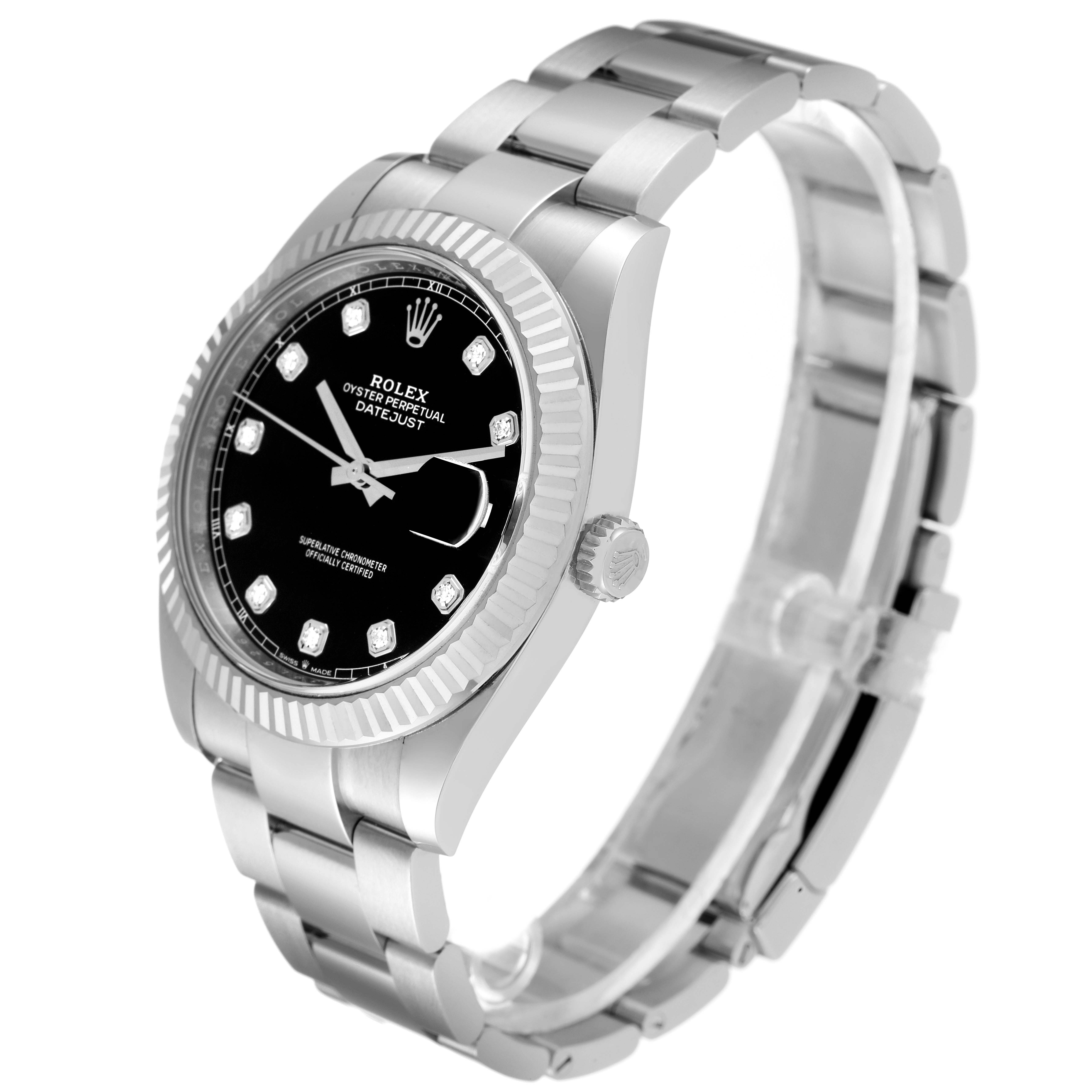 The Rolex Datejust 41 126334 Men
s Stainless Steel Black Dial 126334 Men
s Stainless Steel Black Dial is shown at a three-quarter angle, revealing the black dial, fluted bezel, bracelet, and crown.