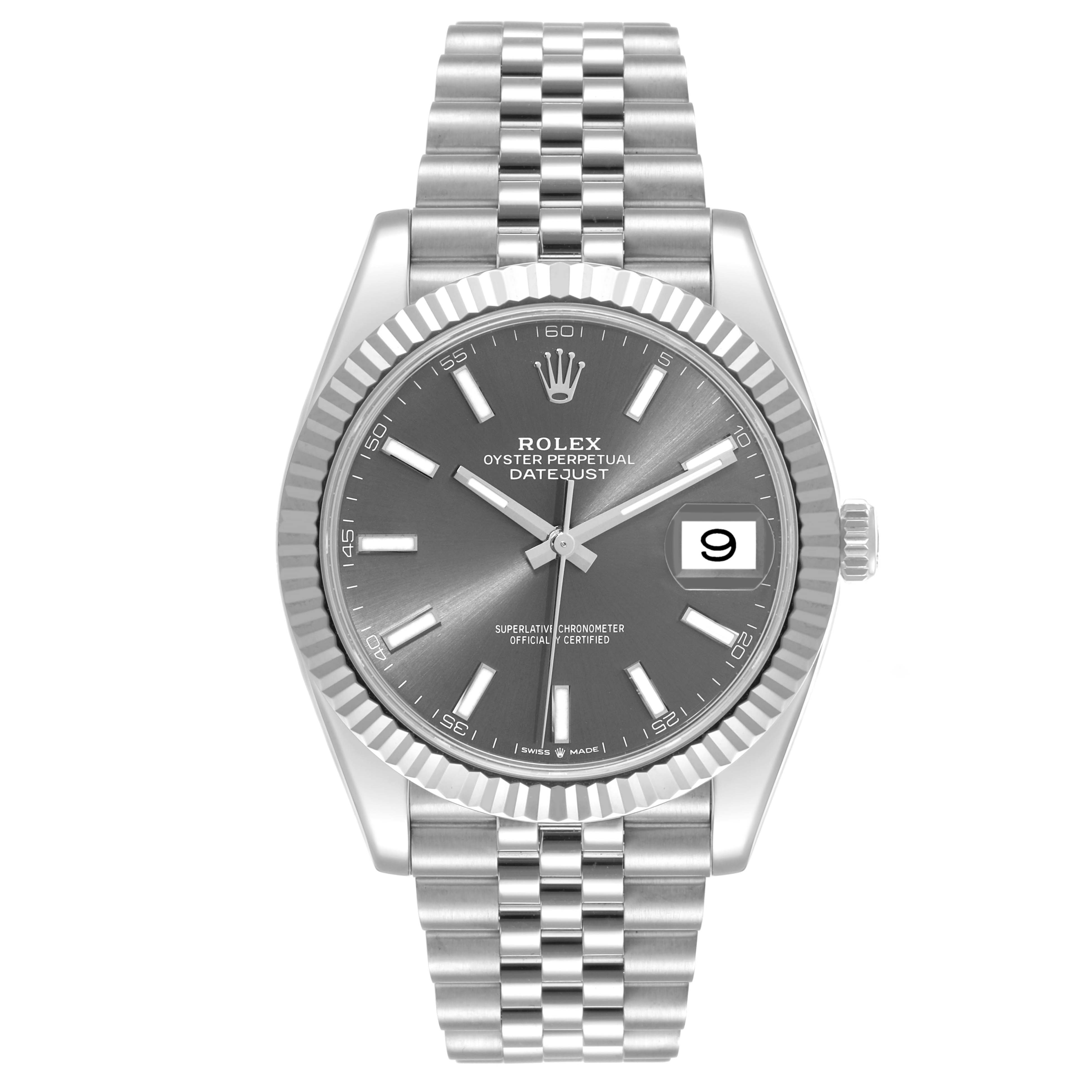 The image shows the front view of a Rolex Datejust 41 126334 Men
s Stainless Steel Grey Dial 126334 Men
s Stainless Steel Grey Dial watch, highlighting its grey dial, fluted bezel, and Jubilee bracelet.