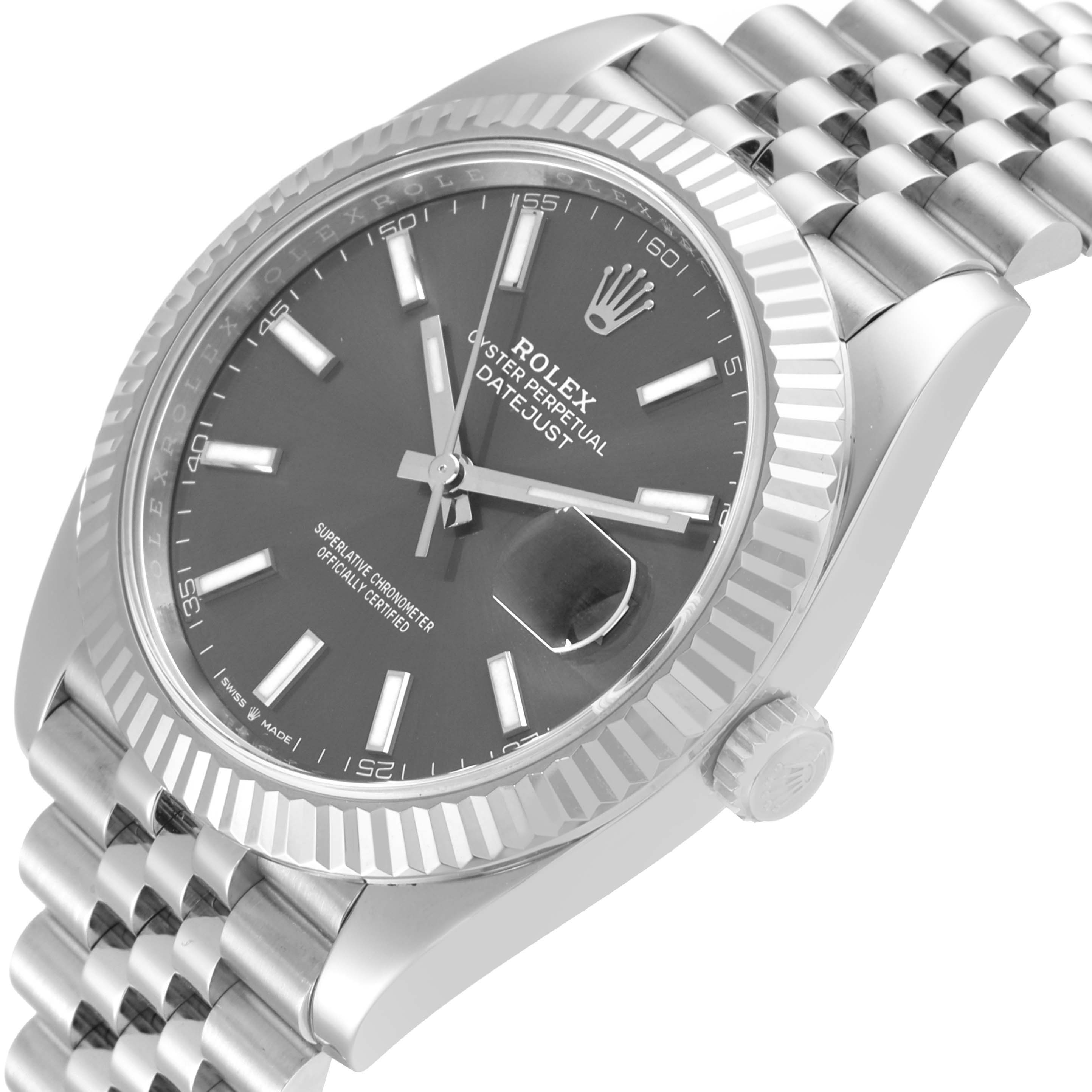 The Rolex Datejust 41 126334 Men
s Stainless Steel Grey Dial 126334 Men
s Stainless Steel Grey Dial watch is shown at a slight angle, highlighting the dial, bezel, crown, and part of the bracelet.