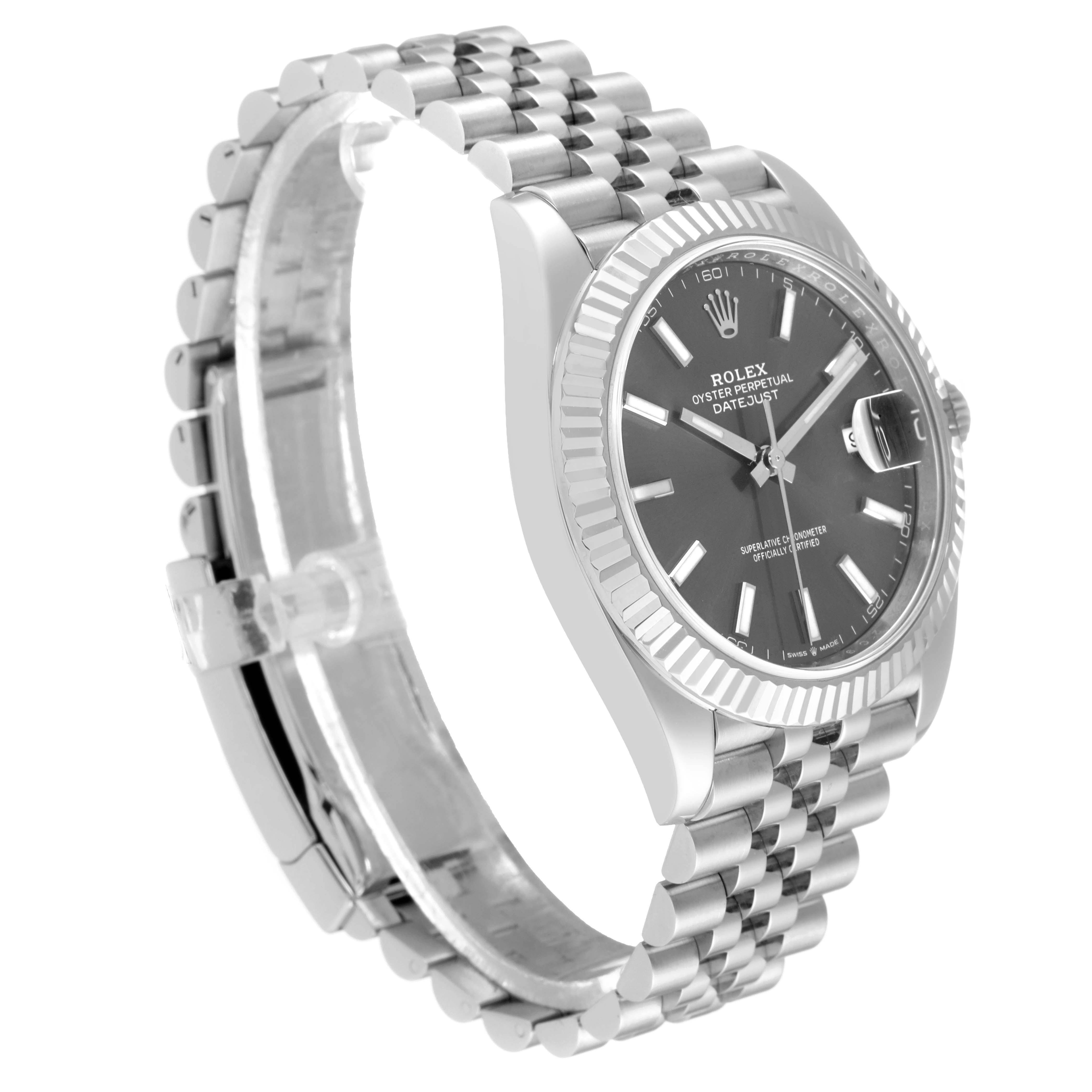 The Rolex Datejust 41 126334 Men
s Stainless Steel Grey Dial 126334 Men
s Stainless Steel Grey Dial is shown at a slight angle, highlighting the dial, bezel, and Jubilee bracelet.