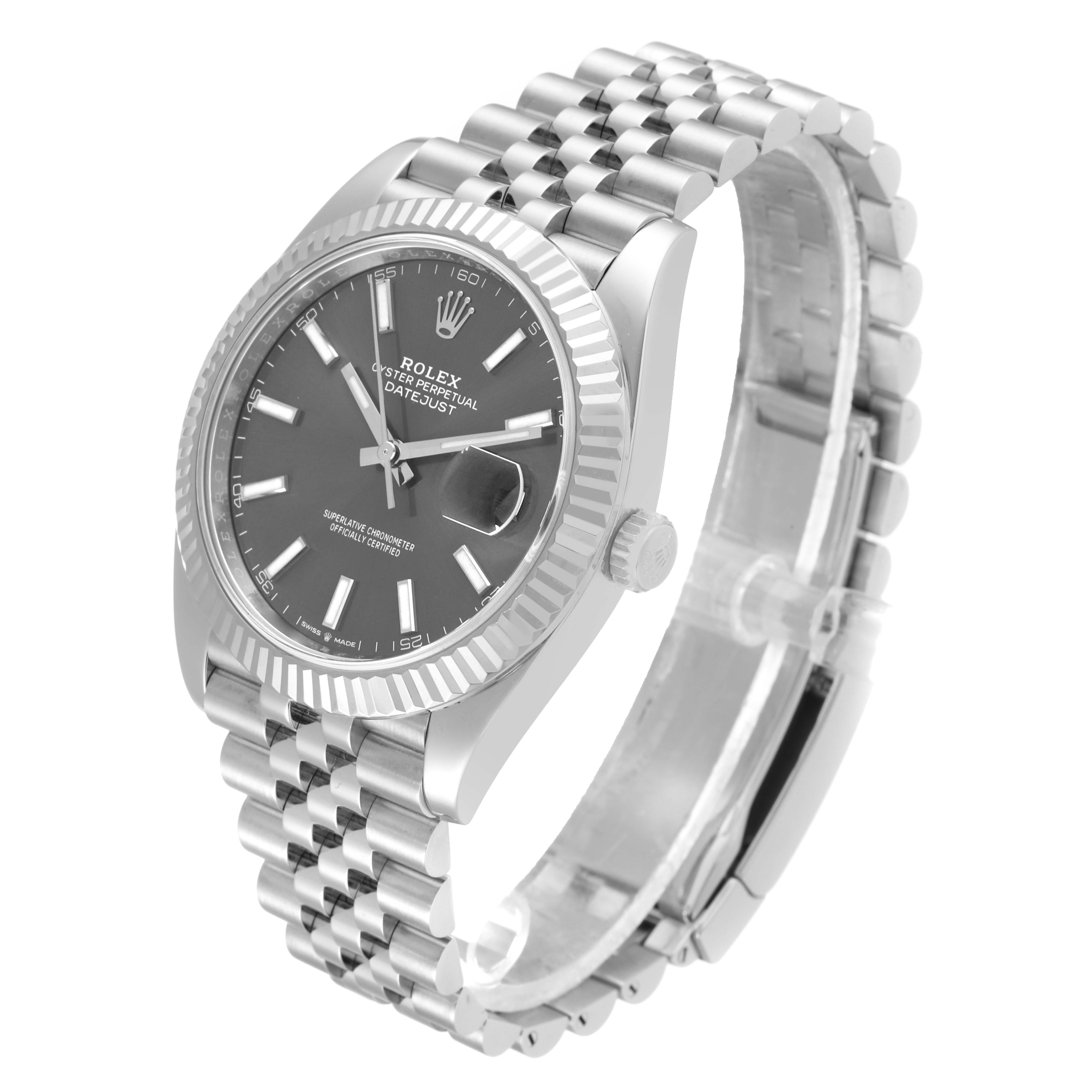 The image shows a Rolex Datejust 41 126334 Men
s Stainless Steel Grey Dial 126334 Men
s Stainless Steel Grey Dial watch at a three-quarter angle, highlighting its dial, bezel, crown, and bracelet.