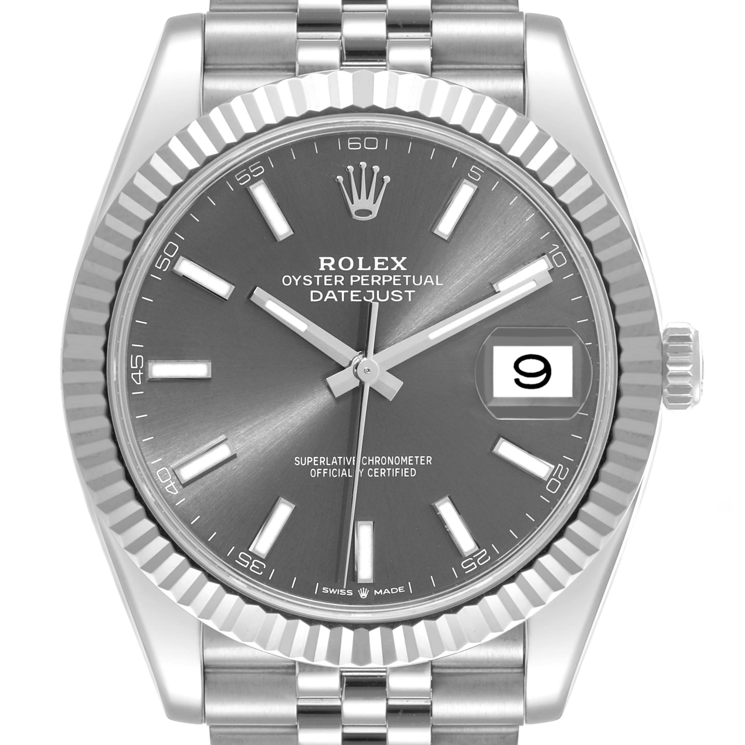 The image shows a front angle of a Rolex Datejust 41 126334 Men
s Stainless Steel Grey Dial 126334 Men
s Stainless Steel Grey Dial watch, highlighting the dial, bezel, and a portion of the bracelet.