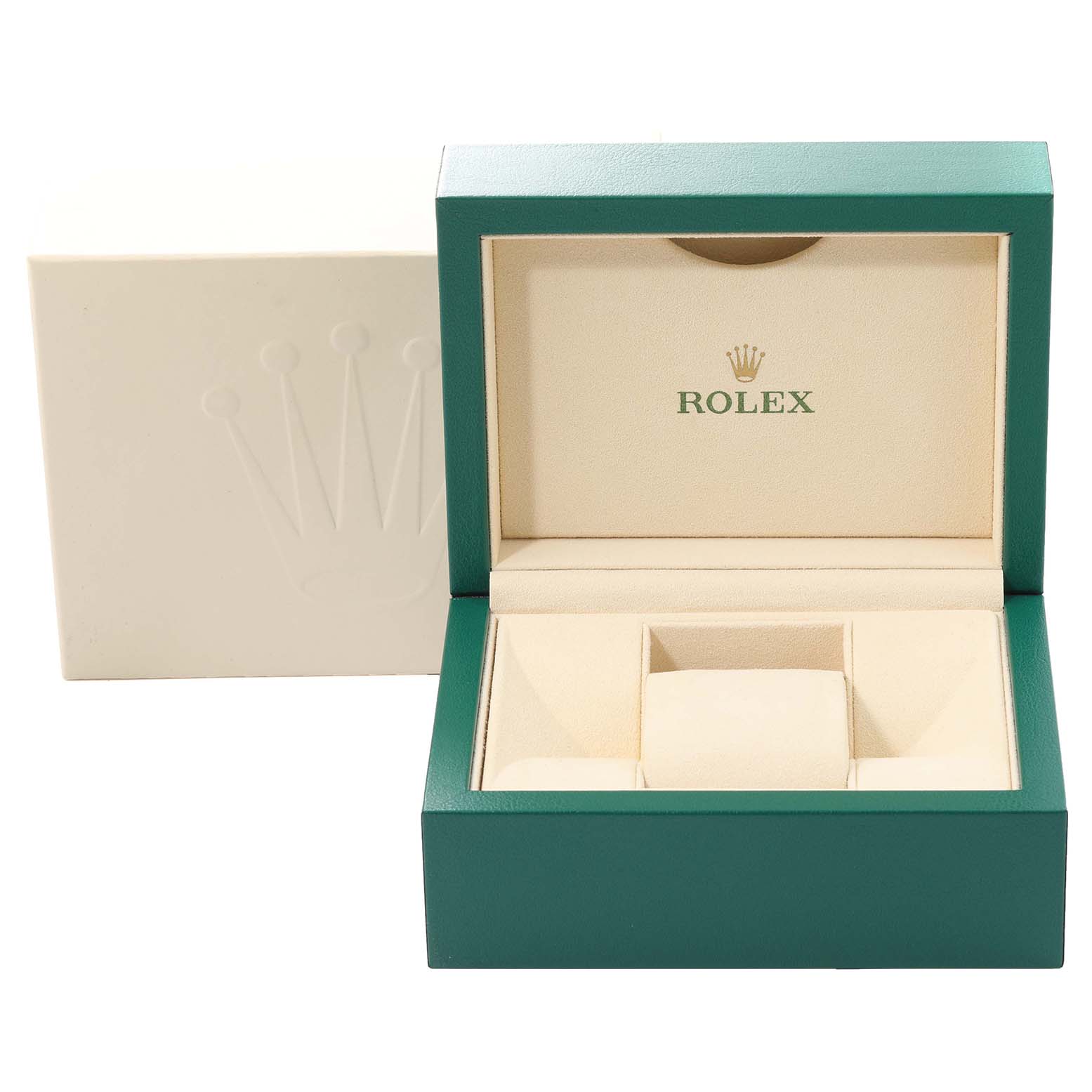 This image shows an open Rolex Datejust 41 126334 Men
s Stainless Steel Grey Dial 126334 Men
s Stainless Steel Grey Dial watch box from the front, featuring the brand’s logo inside.