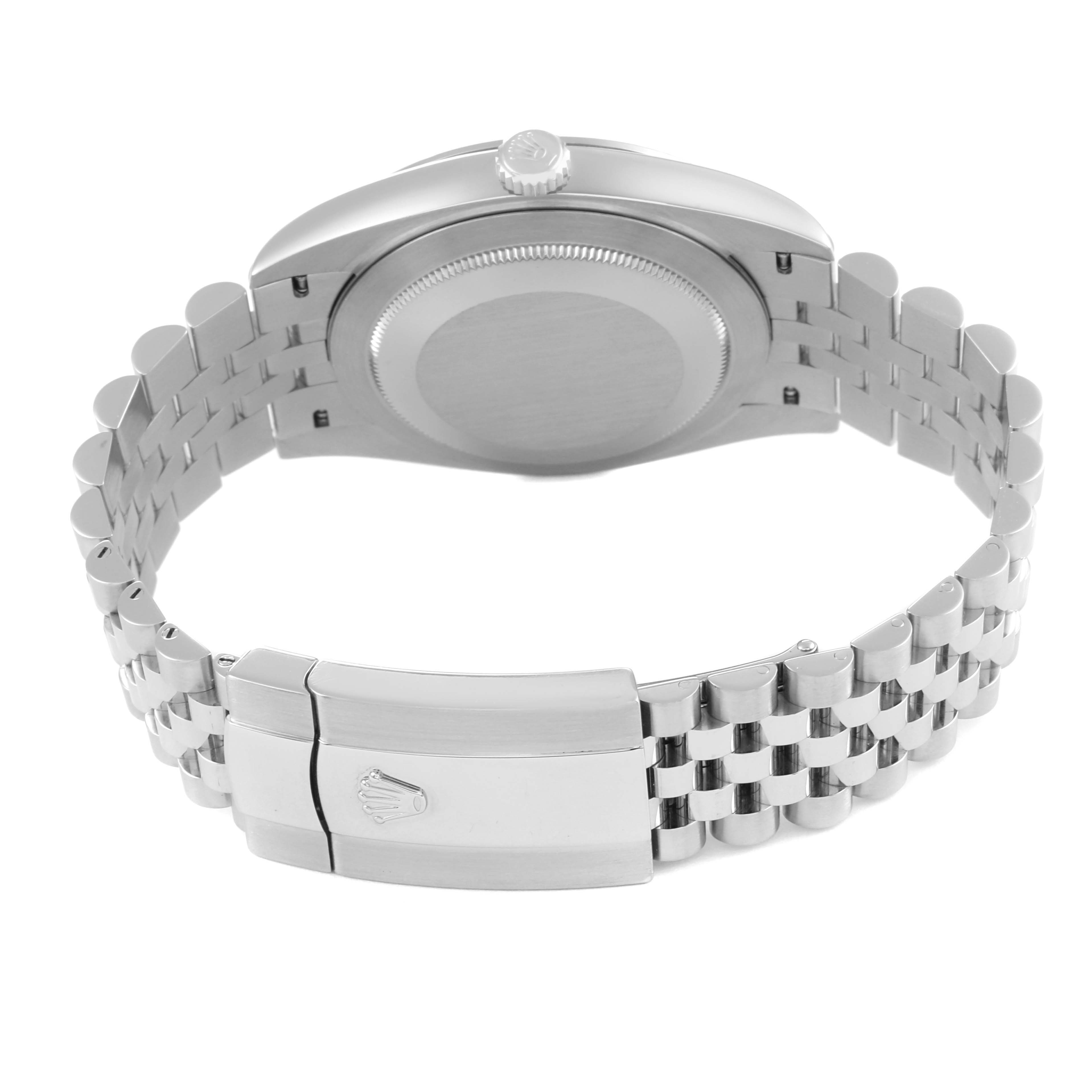 This image shows the back view of the Rolex Datejust 41 126334 Men
s Stainless Steel Grey Dial 126334 Men
s Stainless Steel Grey Dial watch, highlighting its case back, bracelet, and clasp.