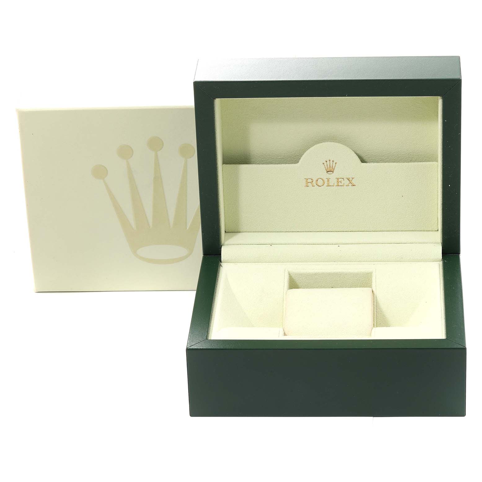 This image shows the opened green and cream box for a Rolex Datejust 41 116333 Men's Steel and Gold (two tone) Grey Dial 116333 Men's Steel and Gold (two tone) Grey Dial model watch, with the Rolex logo on the inner lid.