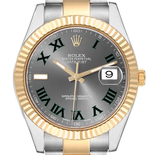 This image shows the front view of a Rolex Datejust 41 watch, highlighting its dial, hands, bezel, and bracelet in detail.