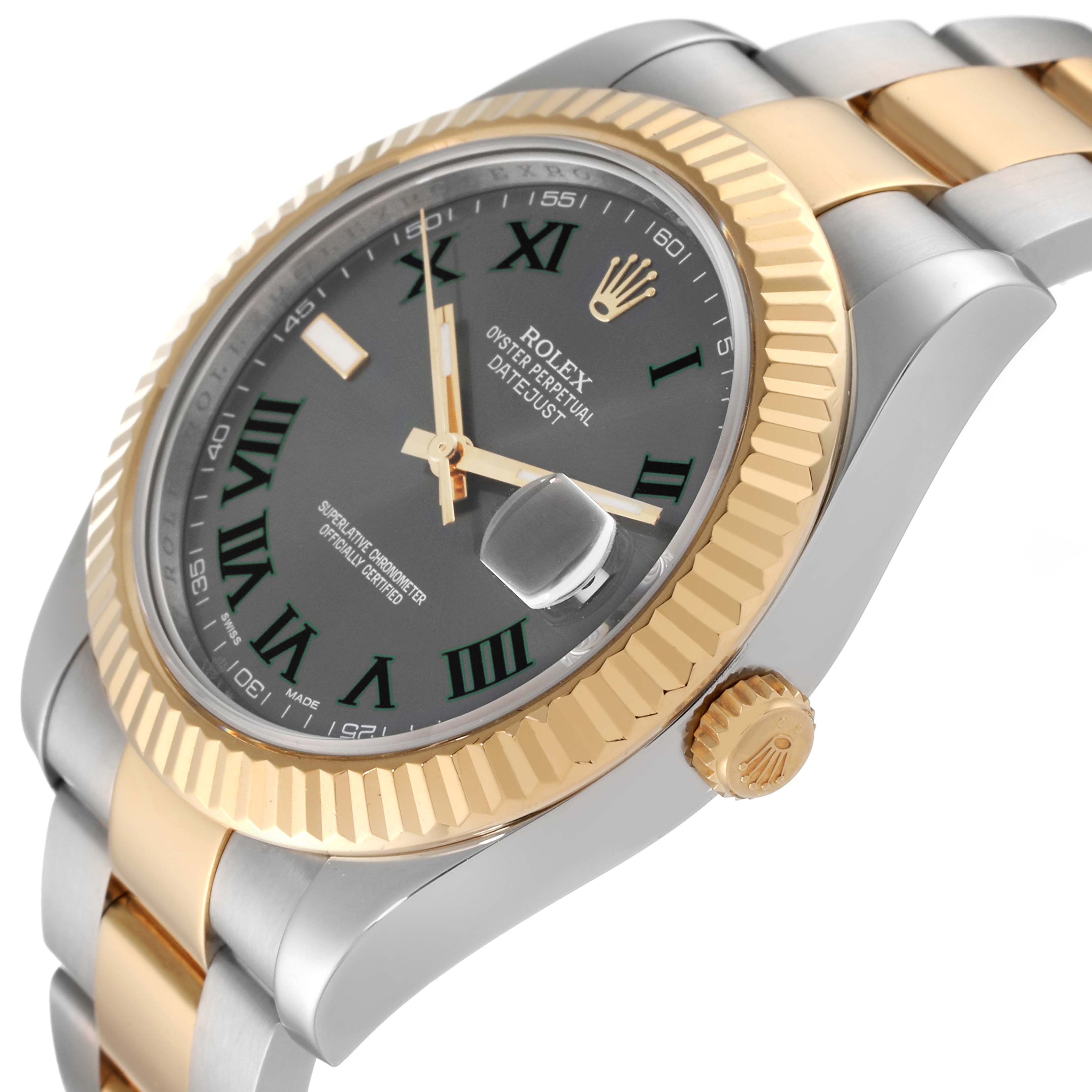 The image shows a side angle of a Rolex Datejust 41 116333 Men's Steel and Gold (two tone) Grey Dial 116333 Men's Steel and Gold (two tone) Grey Dial watch, focusing on the dial, bezel, and part of the bracelet.