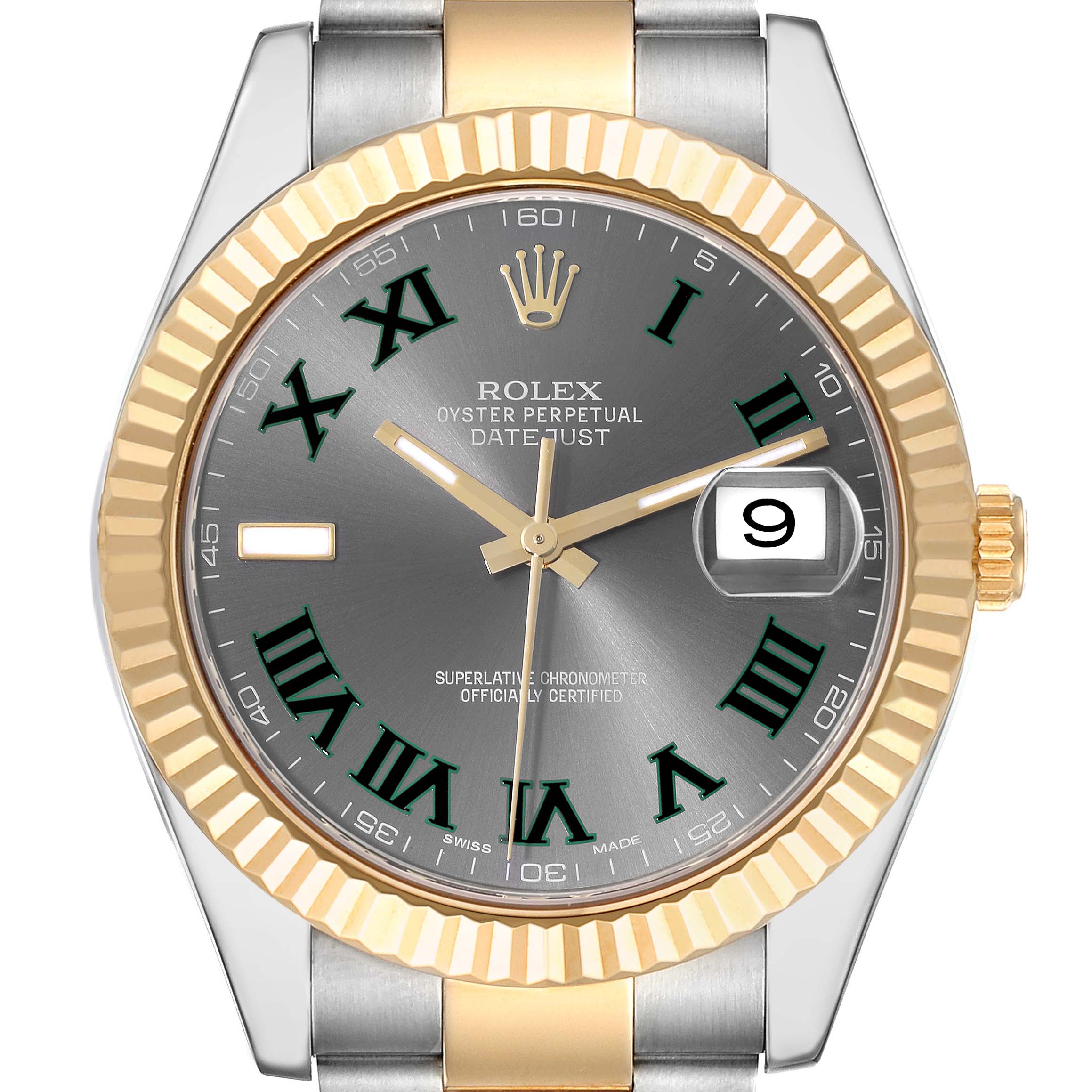 The image shows a front view of the Rolex Datejust 41 116333 Men's Steel and Gold (two tone) Grey Dial 116333 Men's Steel and Gold (two tone) Grey Dial with a grey dial, Roman numerals, a golden fluted bezel, and a two-tone bracelet.