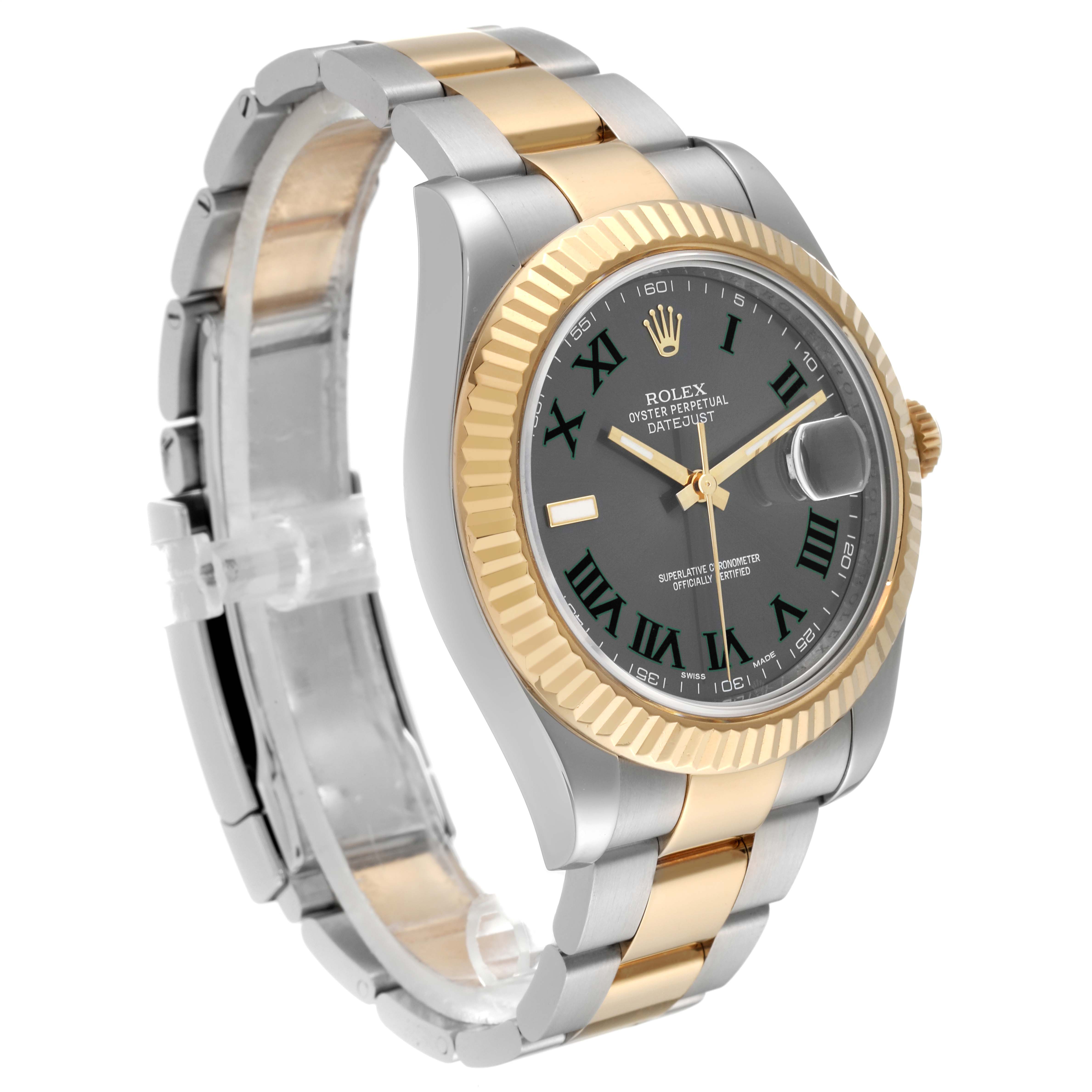 The image shows a Rolex Datejust 41 116333 Men's Steel and Gold (two tone) Grey Dial 116333 Men's Steel and Gold (two tone) Grey Dial, highlighting its dial, bezel, case, and two-tone bracelet, angled from the front-left side.