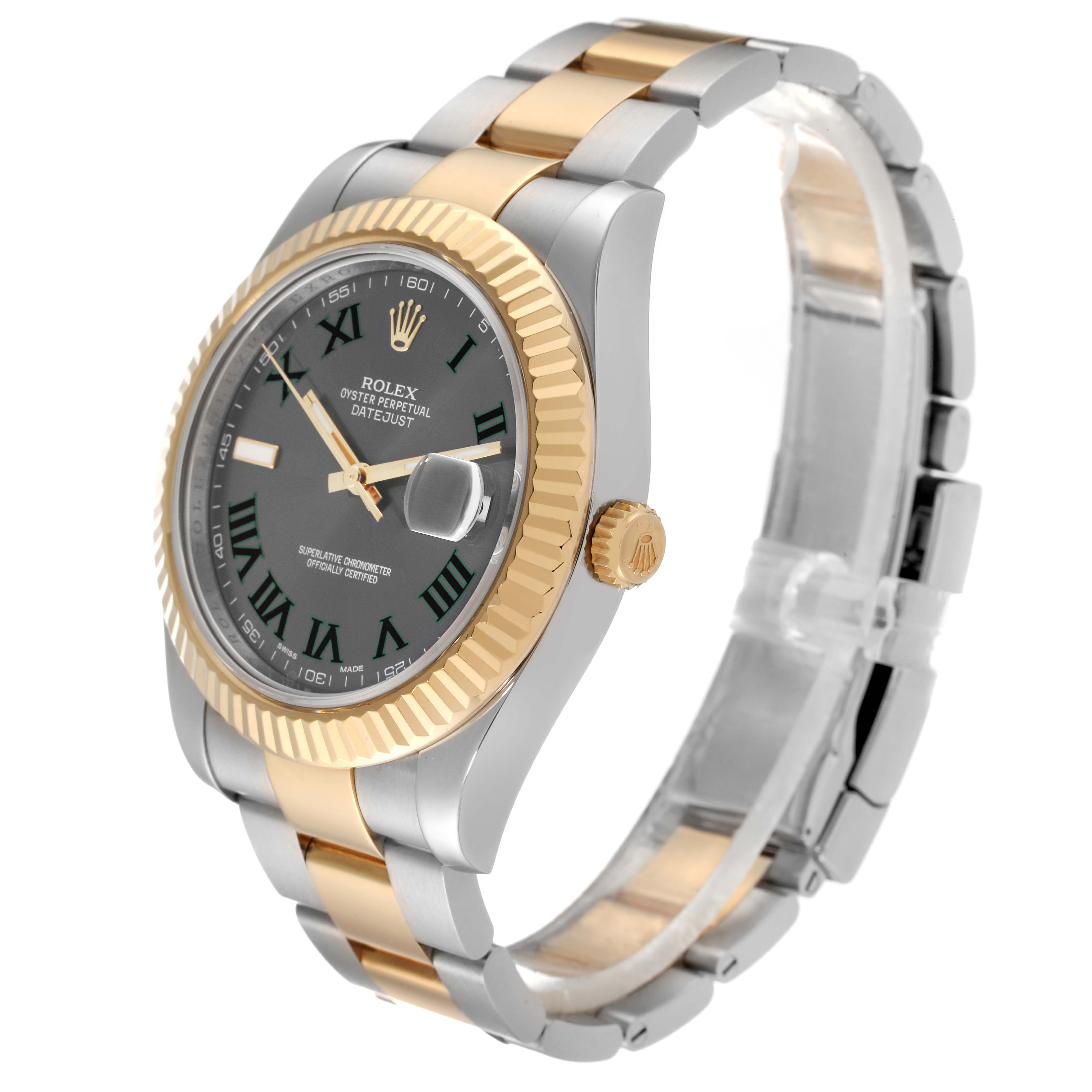 This image shows a side view of the Rolex Datejust 41 116333 Men's Steel and Gold (two tone) Grey Dial 116333 Men's Steel and Gold (two tone) Grey Dial, highlighting its two-tone bracelet, fluted bezel, and dial with date aperture.