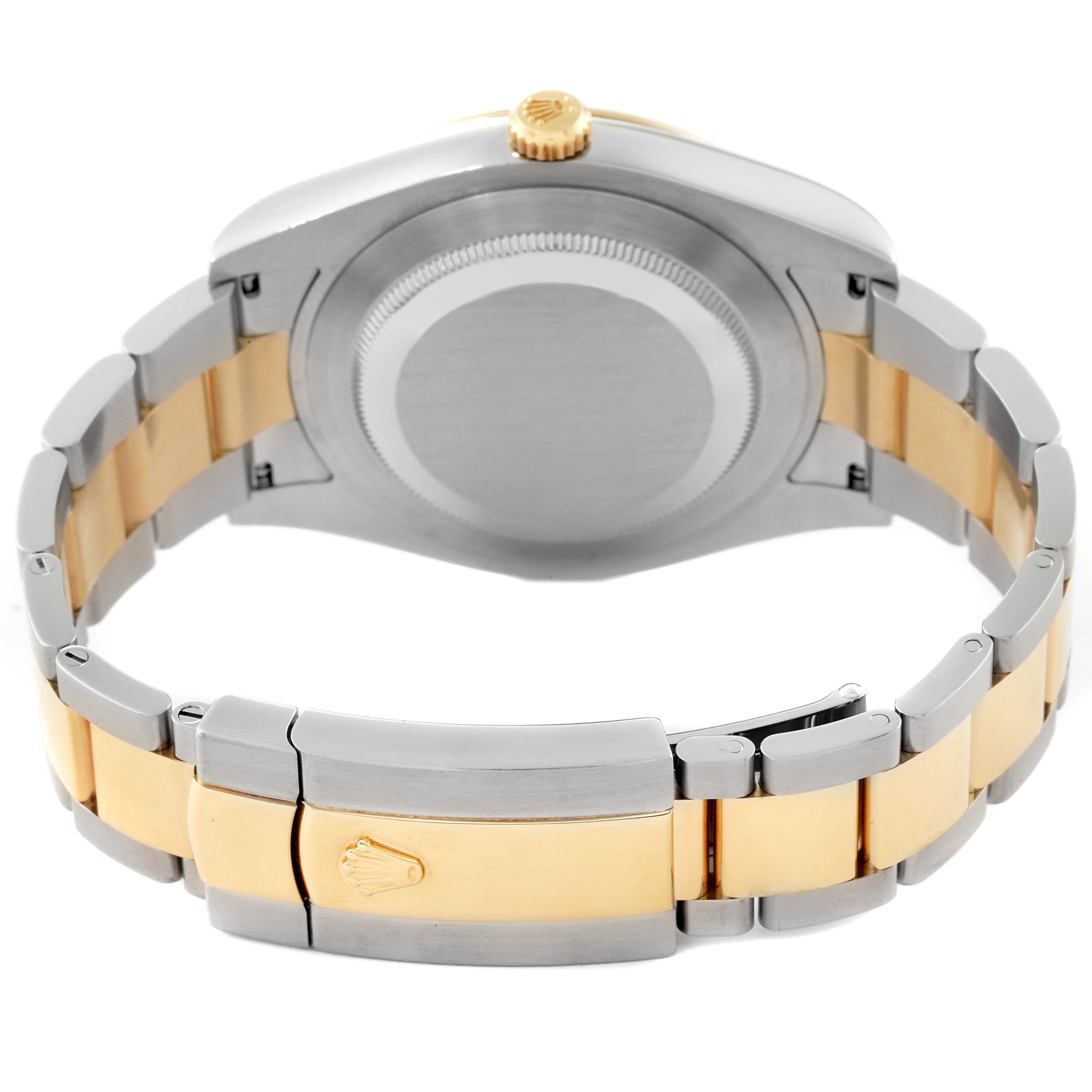 The image shows the back of a Rolex Datejust 41 116333 Men's Steel and Gold (two tone) Grey Dial 116333 Men's Steel and Gold (two tone) Grey Dial watch, highlighting the caseback and two-tone bracelet with a clasp.