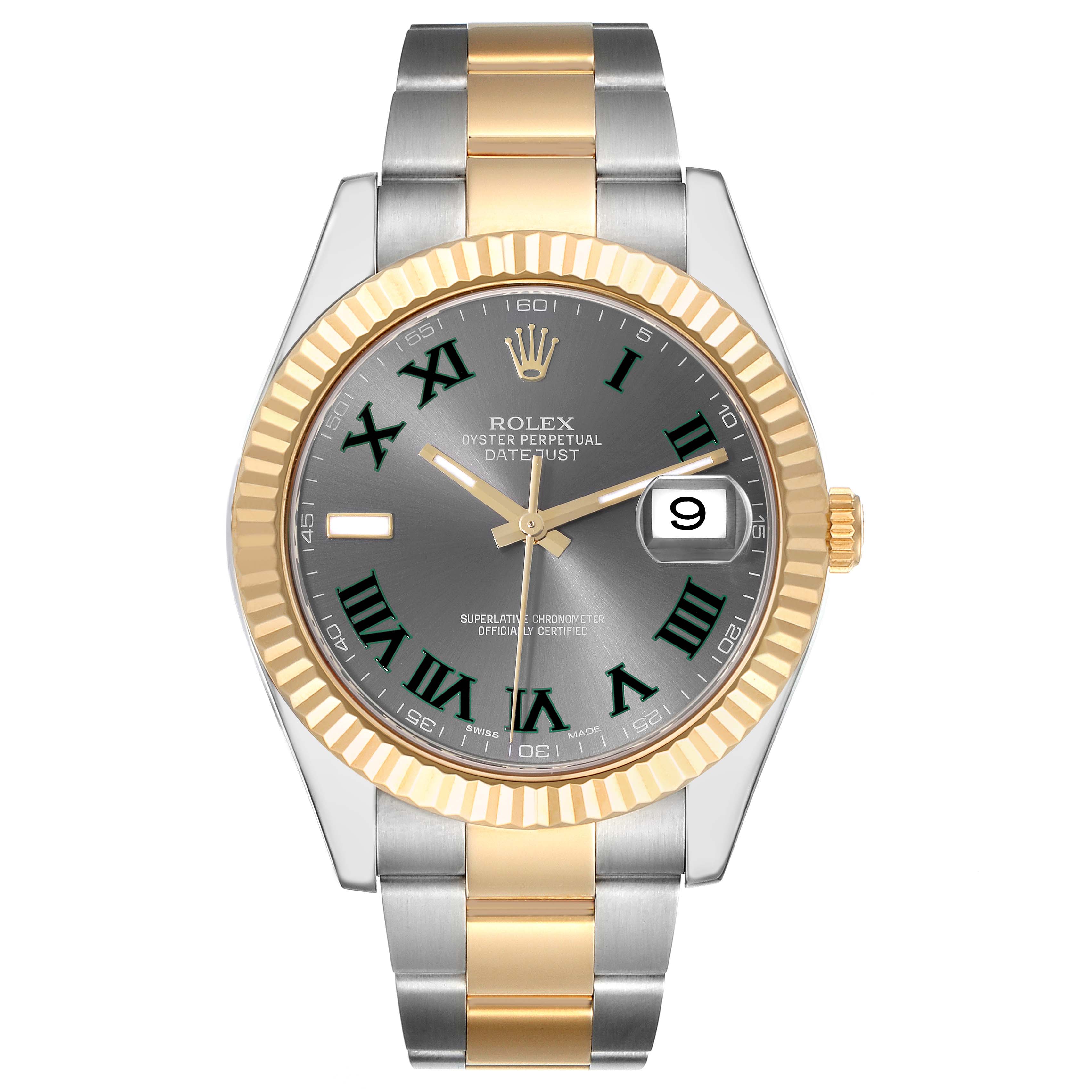 This image shows a front view of the Rolex Datejust 41 116333 Men's Steel and Gold (two tone) Grey Dial 116333 Men's Steel and Gold (two tone) Grey Dial watch, highlighting the dial, bezel, hands, and the two-tone bracelet.