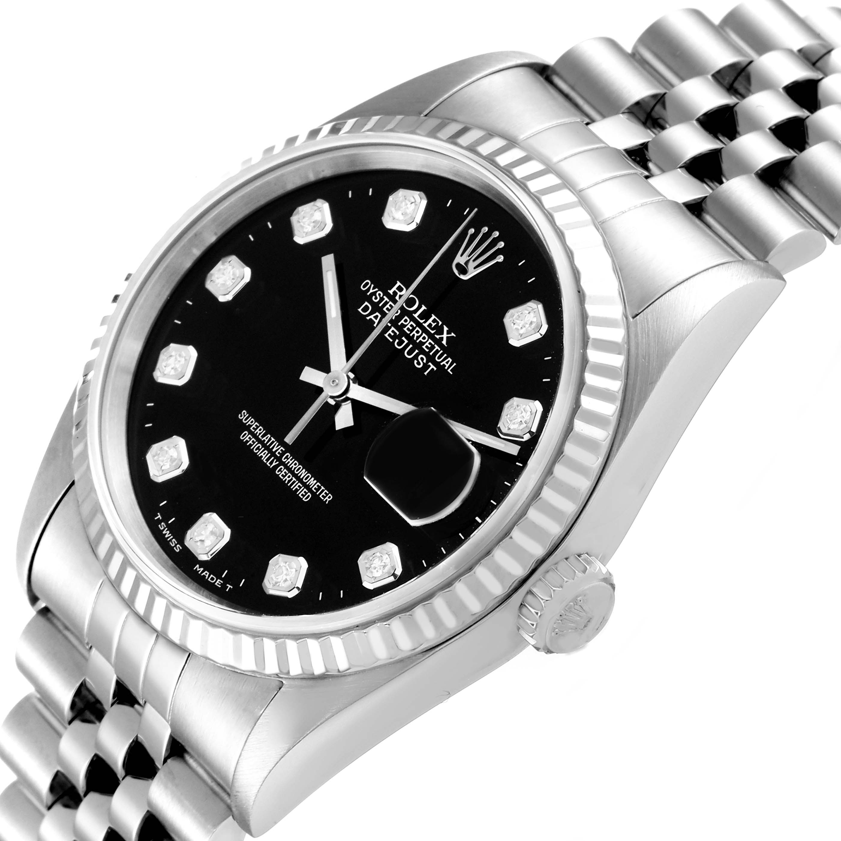 The Rolex Datejust 16234 Men's Stainless Steel Black Dial 16234 Men's Stainless Steel Black Dial watch is displayed at an angle showing the black dial, bezel, side crown, and part of the bracelet.