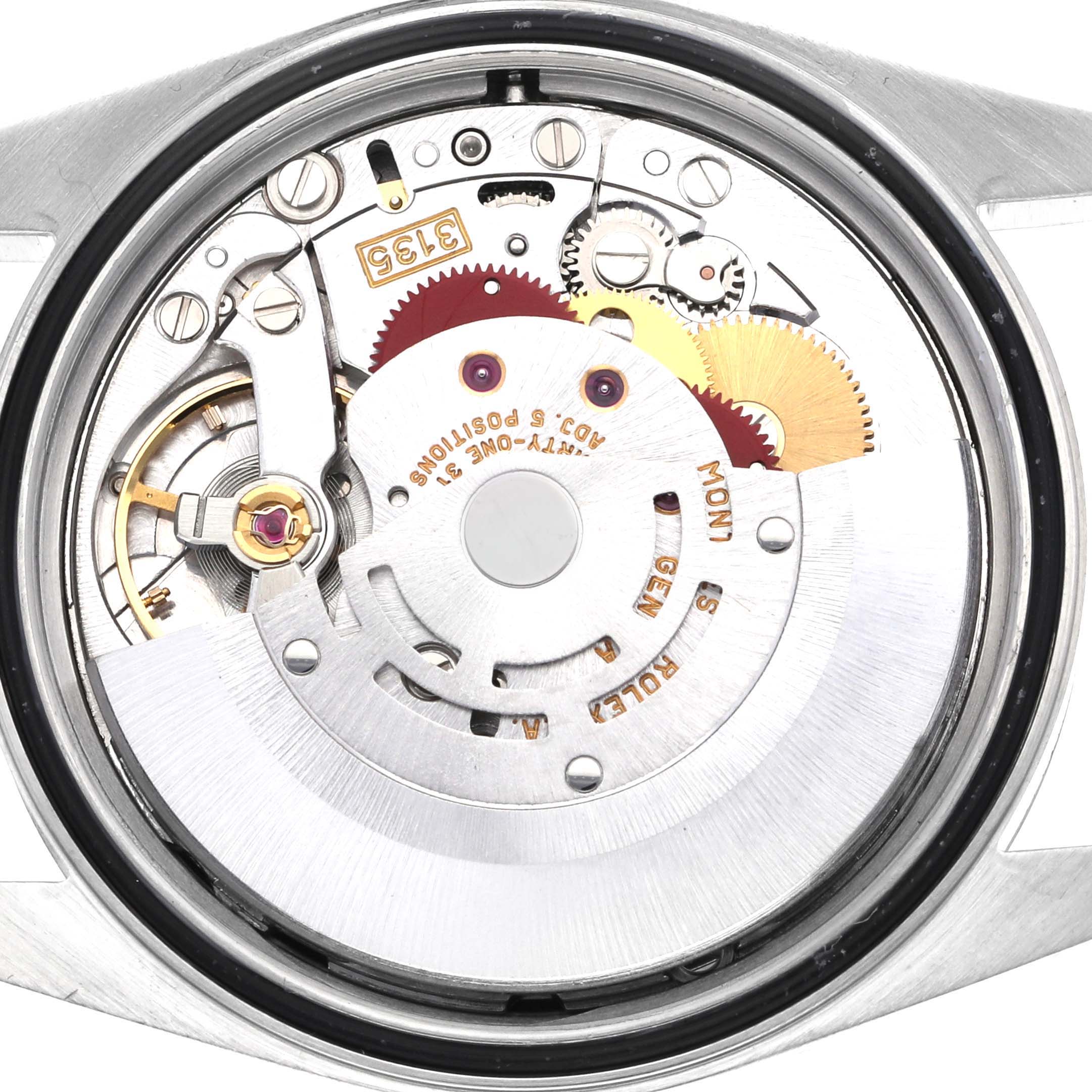 This image shows the internal mechanism of a Rolex Datejust 16234 Men's Stainless Steel Black Dial 16234 Men's Stainless Steel Black Dial watch, viewed from the back with the case removed.