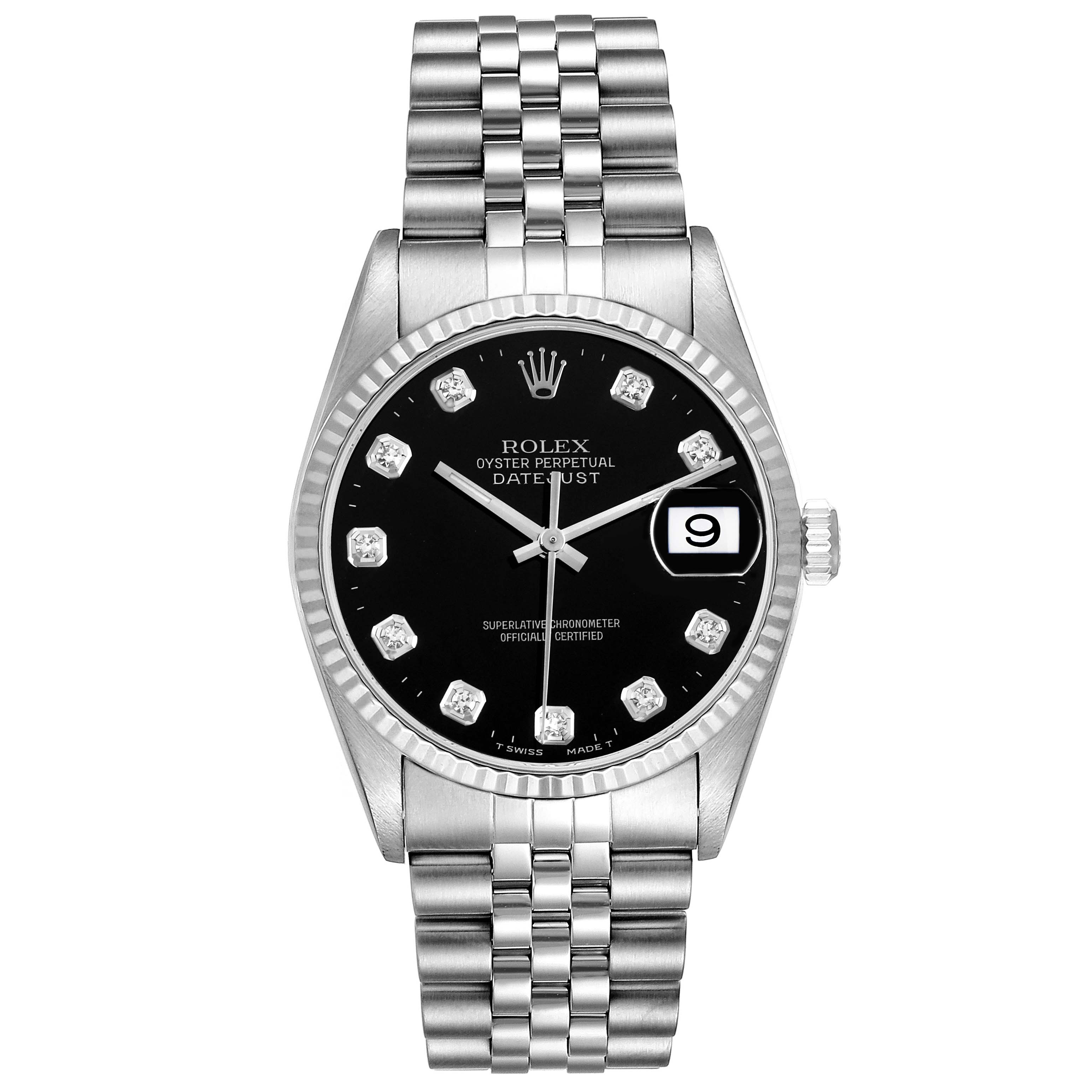 The image shows a front view of the Rolex Datejust 16234 Men's Stainless Steel Black Dial 16234 Men's Stainless Steel Black Dial watch, highlighting its black dial, diamond hour markers, date window, and jubilee bracelet.
