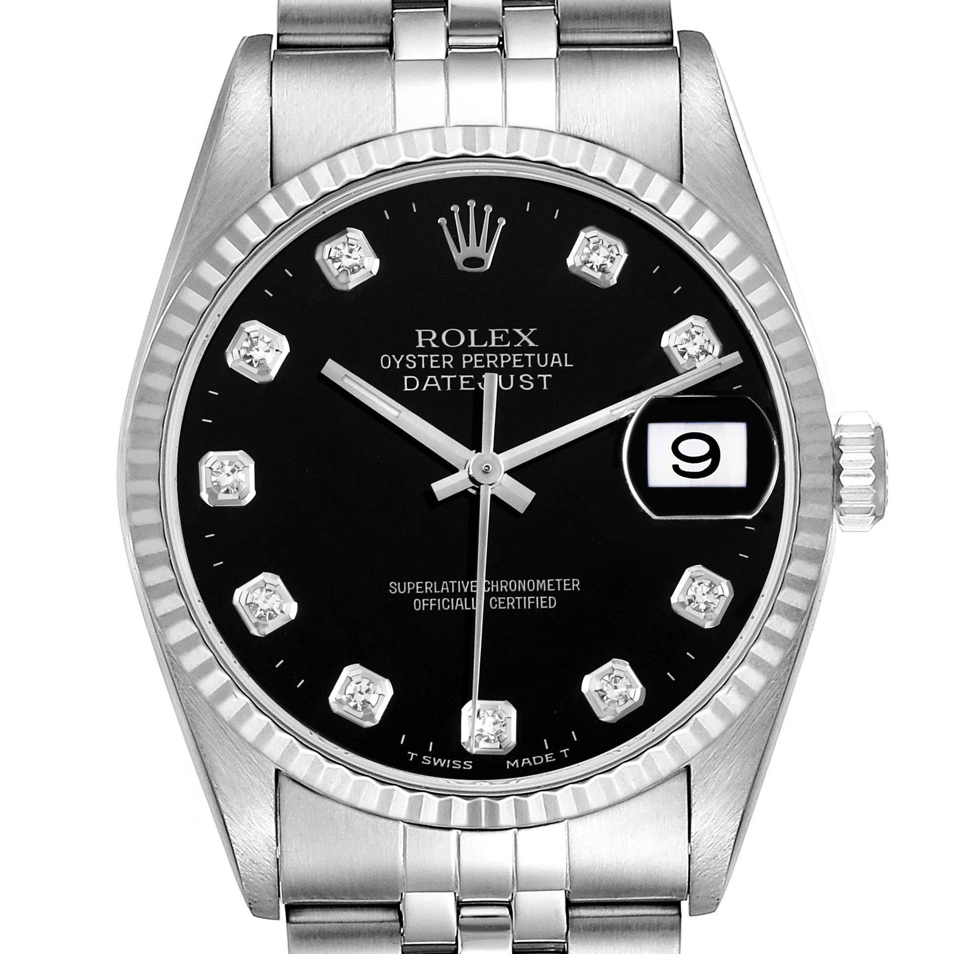 The image shows a frontal view of a Rolex Datejust 16234 Men's Stainless Steel Black Dial 16234 Men's Stainless Steel Black Dial watch, displaying its black dial, diamond hour markers, date window, and stainless steel bracelet.