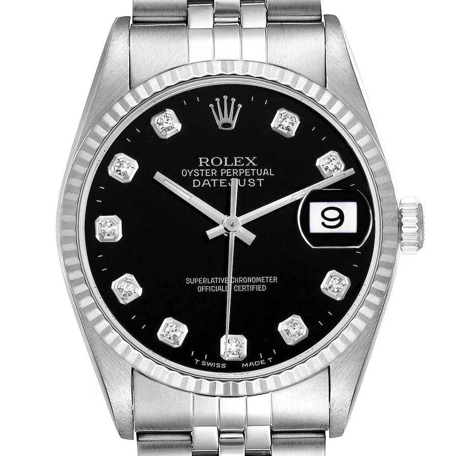 Rolex Datejust Black Diamond Dial Steel White Gold Mens Watch 16234 SwissWatchExpo