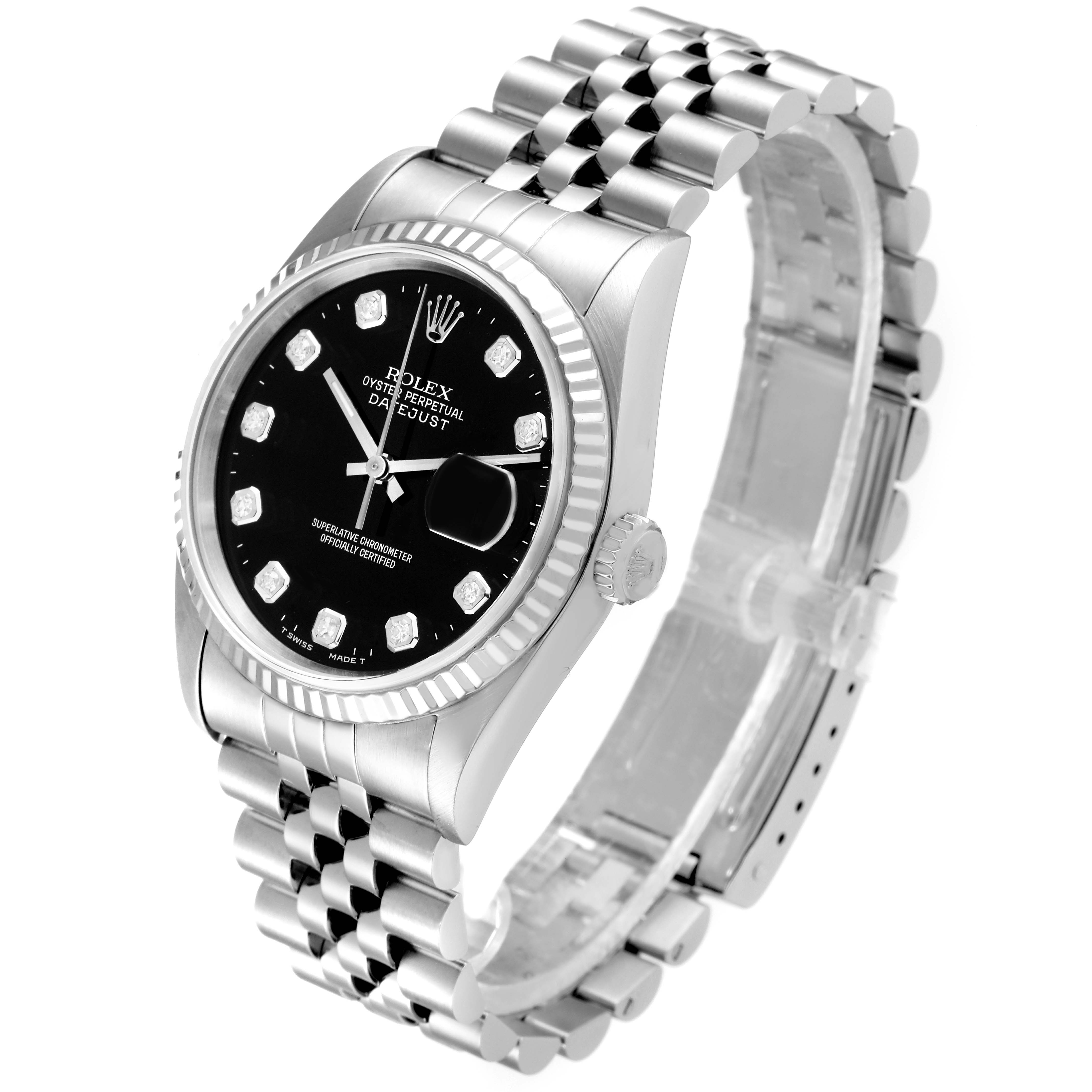 The image shows a Rolex Datejust 16234 Men's Stainless Steel Black Dial 16234 Men's Stainless Steel Black Dial watch from an angled side view, highlighting the black dial and Jubilee bracelet.