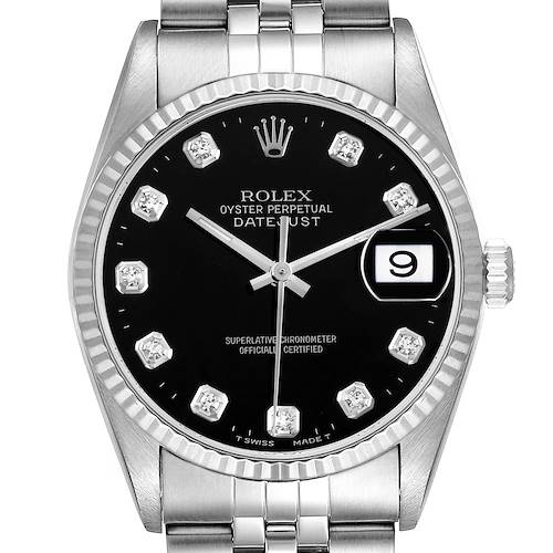 This image of the Rolex Datejust watch shows the face, bracelet, crown, and date window at an upright frontal angle.