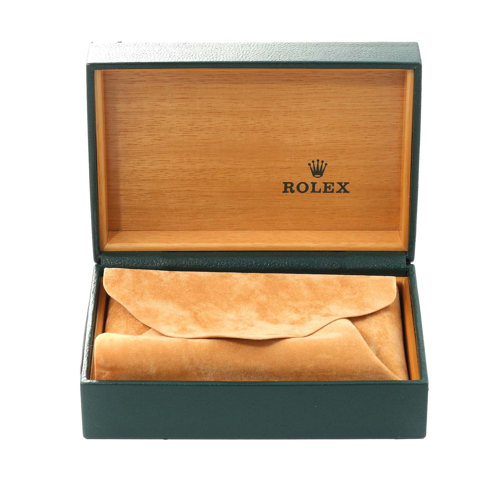 The image shows an open box for a Rolex Datejust 16234 Men's Stainless Steel Black Dial 16234 Men's Stainless Steel Black Dial watch, with the interior lid displaying the Rolex logo.