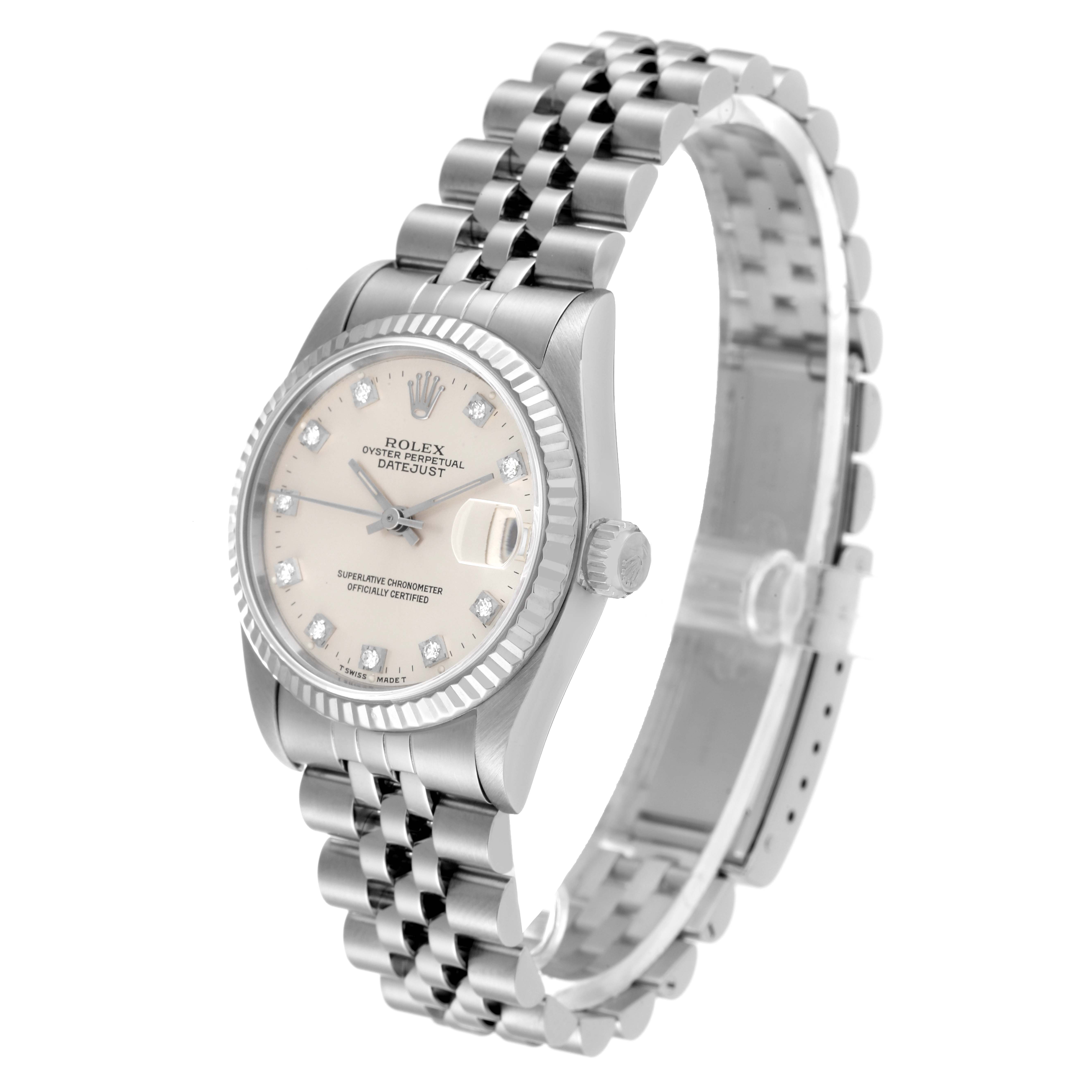 The image shows a Rolex Mid-Size 68274 Women's Stainless Steel Silver Dial 68274 Women's Stainless Steel Silver Dial watch, angled to display the face, bezel, crown, and bracelet.