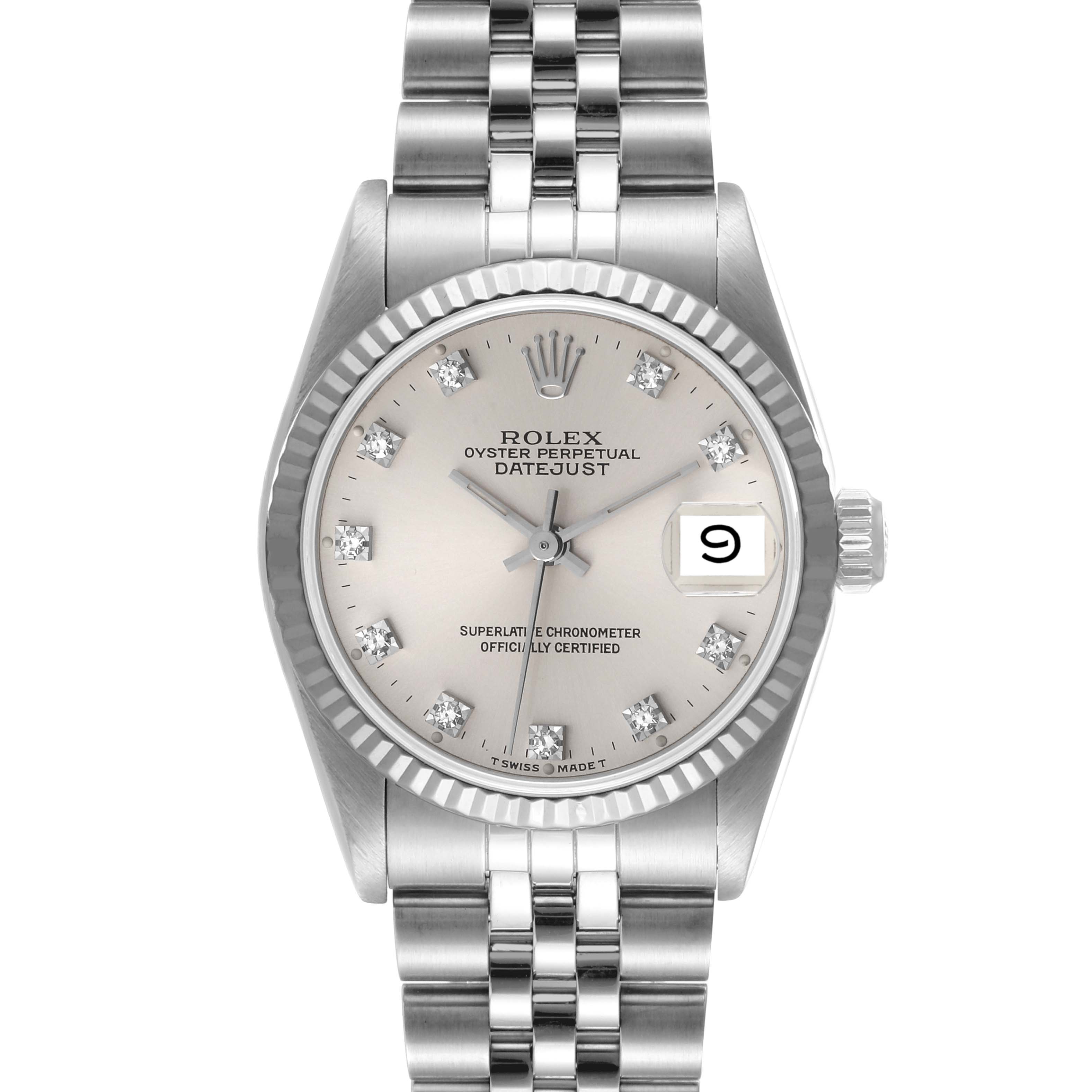 The image shows a head-on view of the Rolex Datejust Mid-Size watch, displaying its face, bezel, and bracelet.
