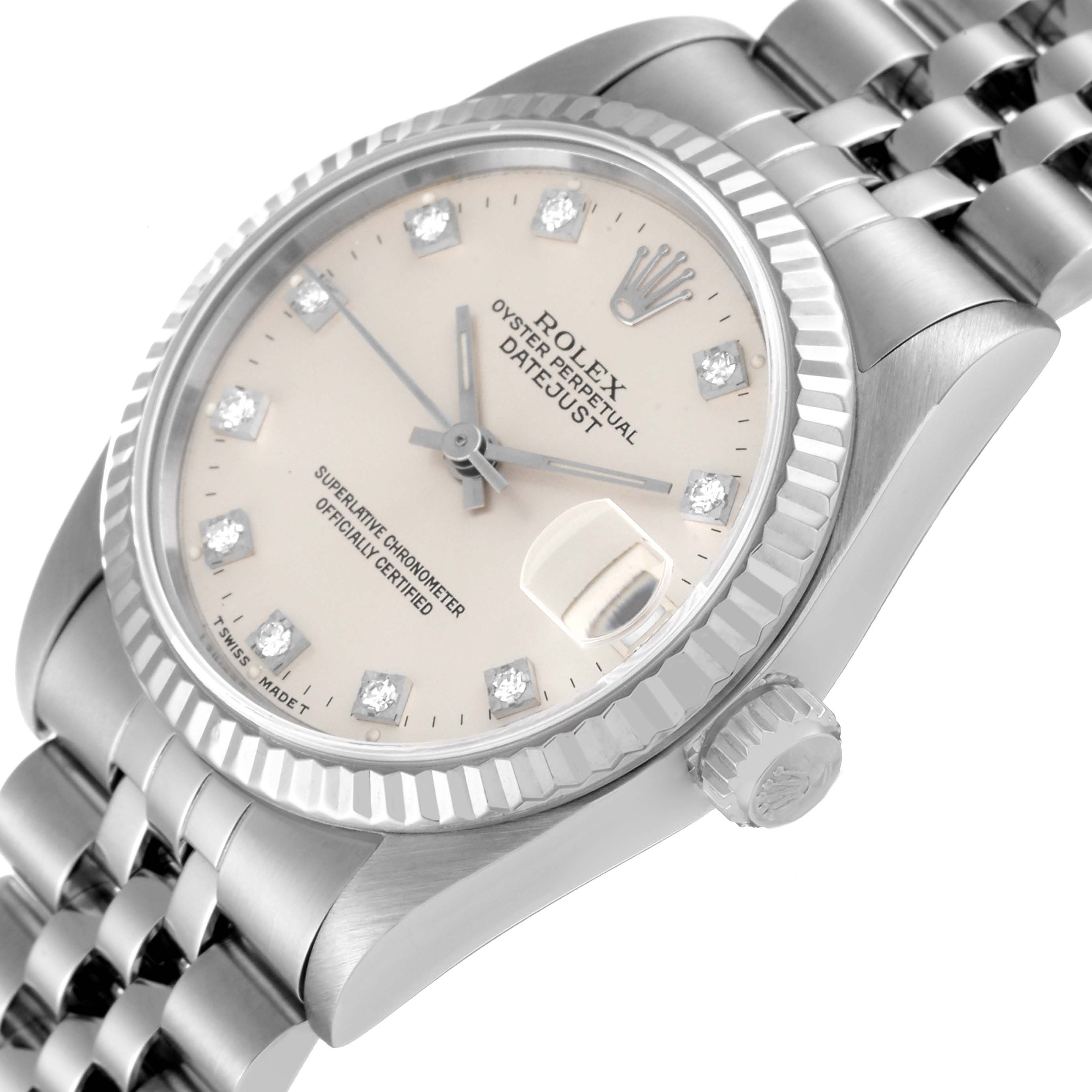 This image shows a Rolex Mid-Size 68274 Women's Stainless Steel Silver Dial 68274 Women's Stainless Steel Silver Dial Datejust watch at an oblique angle, highlighting the dial, bezel, and part of the bracelet.
