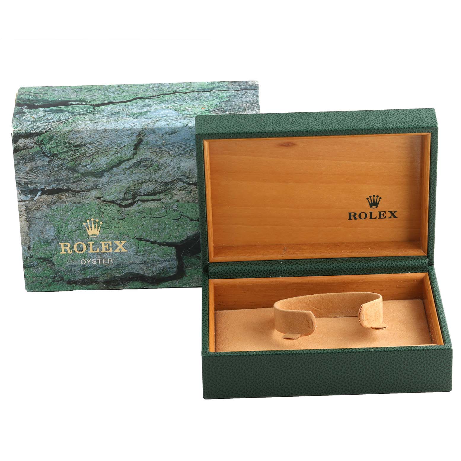 The image shows an open Rolex Oyster watch box for a Mid-Size model, displaying its interior cushion and the outer packaging.
