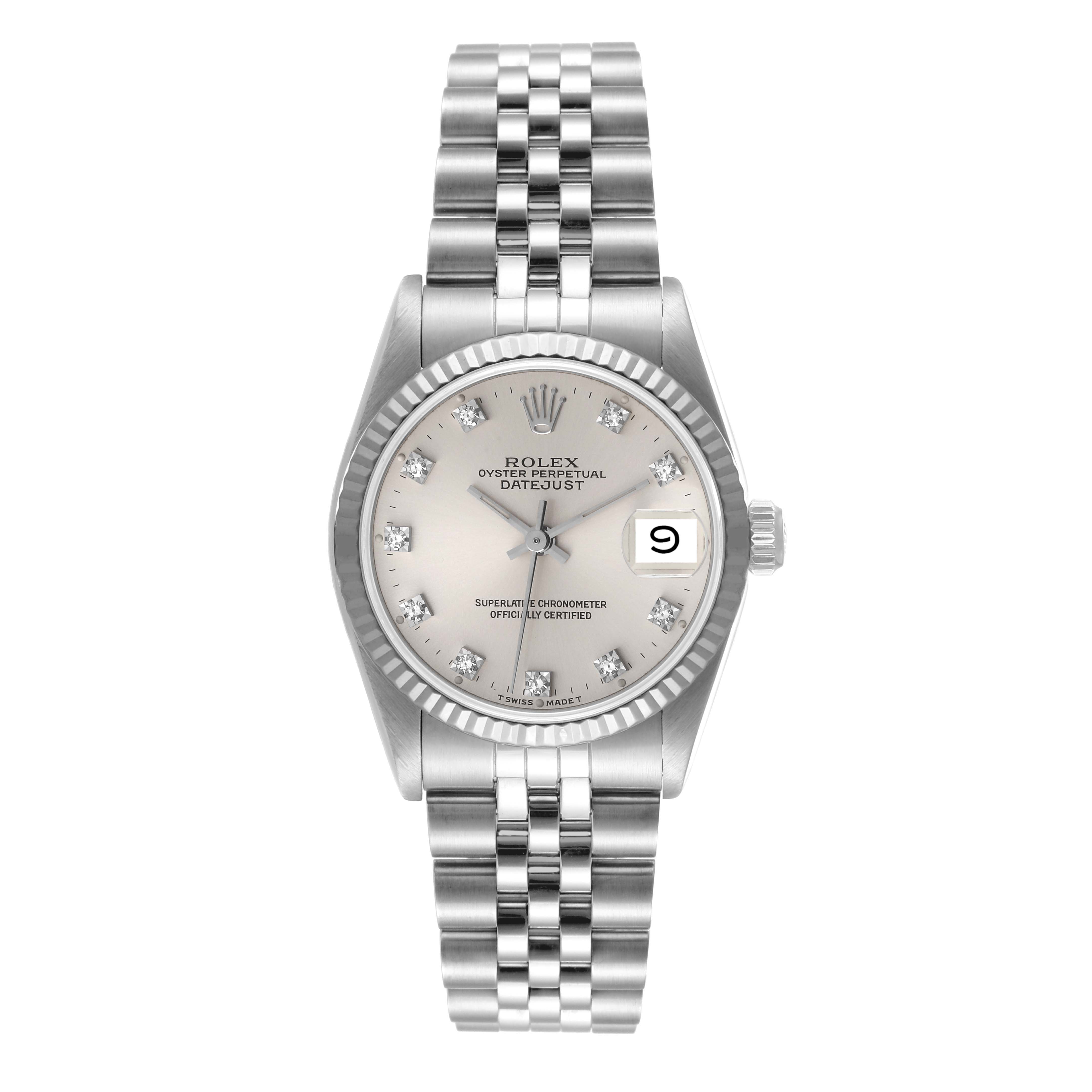 The image shows a front view of a Rolex Mid-Size 68274 Women's Stainless Steel Silver Dial 68274 Women's Stainless Steel Silver Dial Oyster Perpetual Datejust watch with a jubilee bracelet and silver dial.