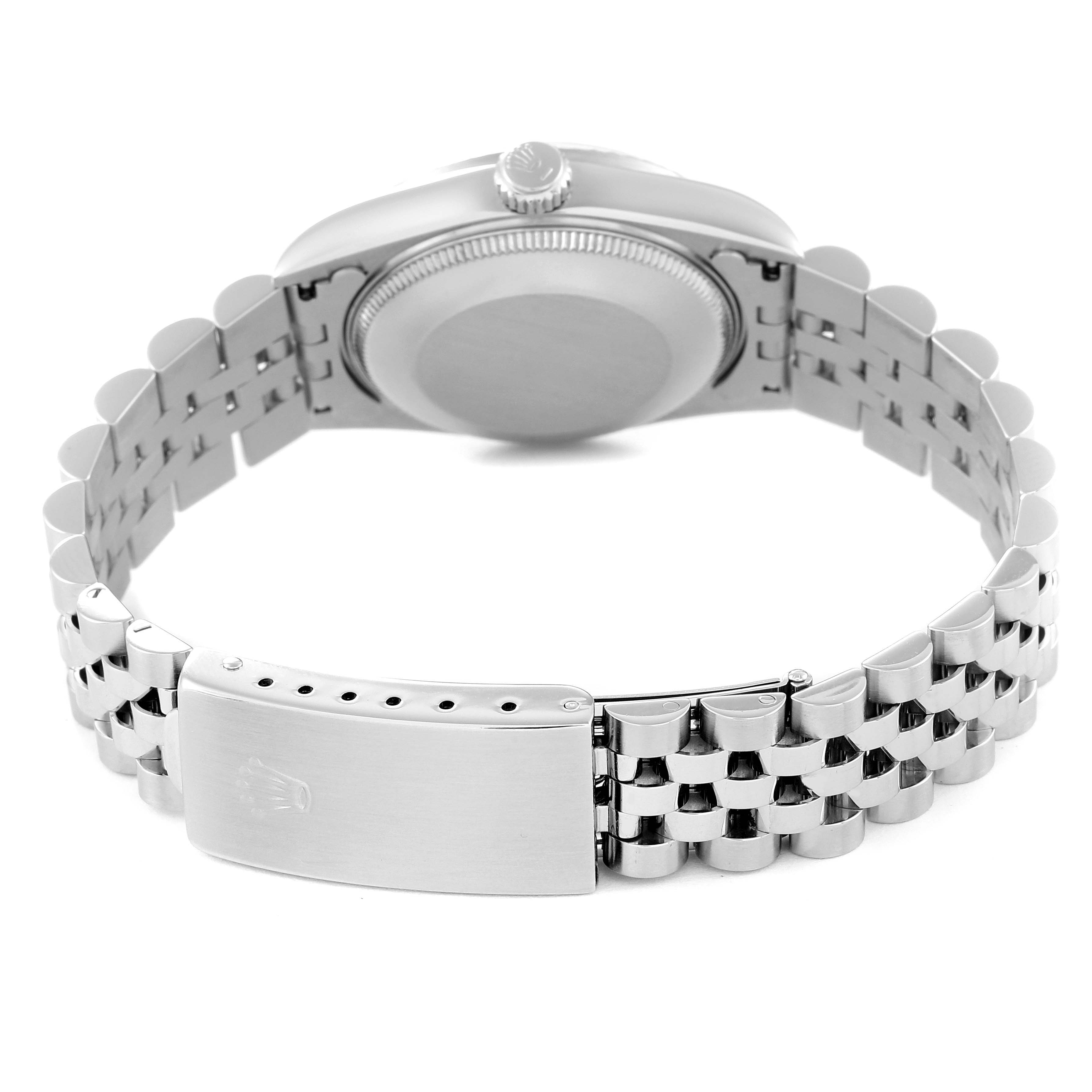 This image shows the back view and bracelet of a Rolex Mid-Size 68274 Women's Stainless Steel Silver Dial 68274 Women's Stainless Steel Silver Dial model watch.