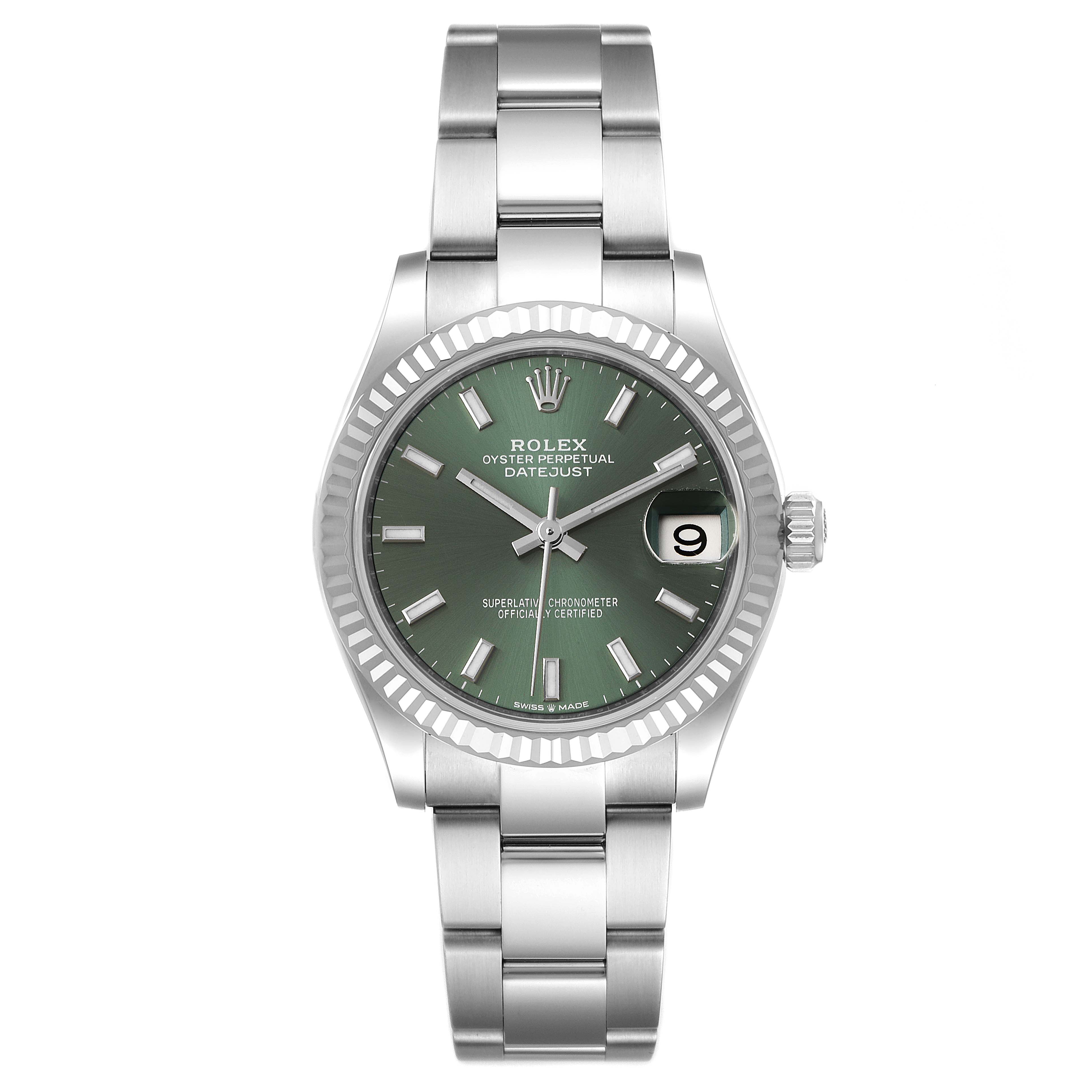 The image shows a front view of a Rolex Mid-Size 278274 Women's Stainless Steel Green Dial 278274 Women's Stainless Steel Green Dial Oyster Perpetual Datejust with a green dial and stainless steel bracelet.