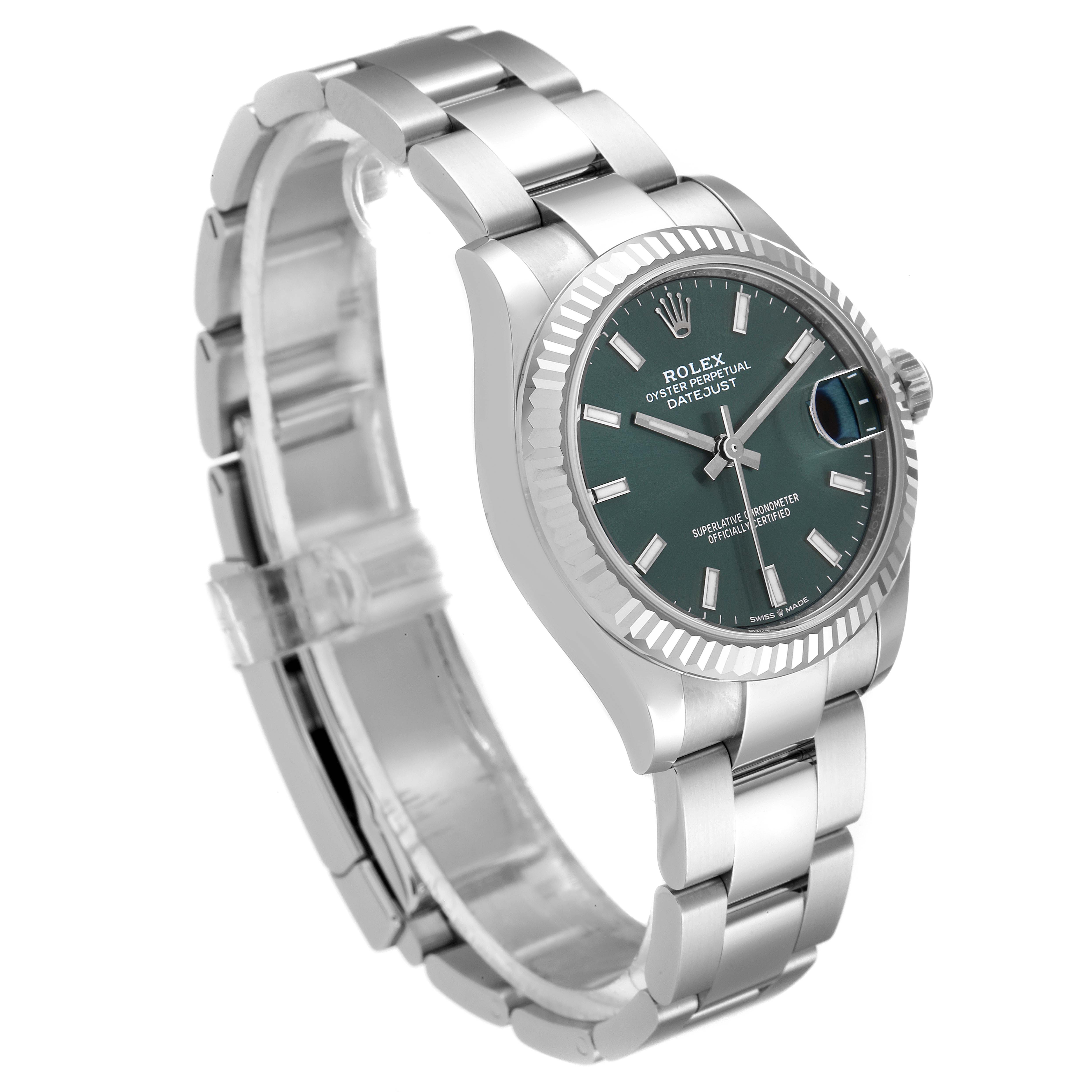 This image shows a side angle view of a Mid-Size Rolex Oyster Perpetual Datejust watch, highlighting the dial, bezel, and bracelet.