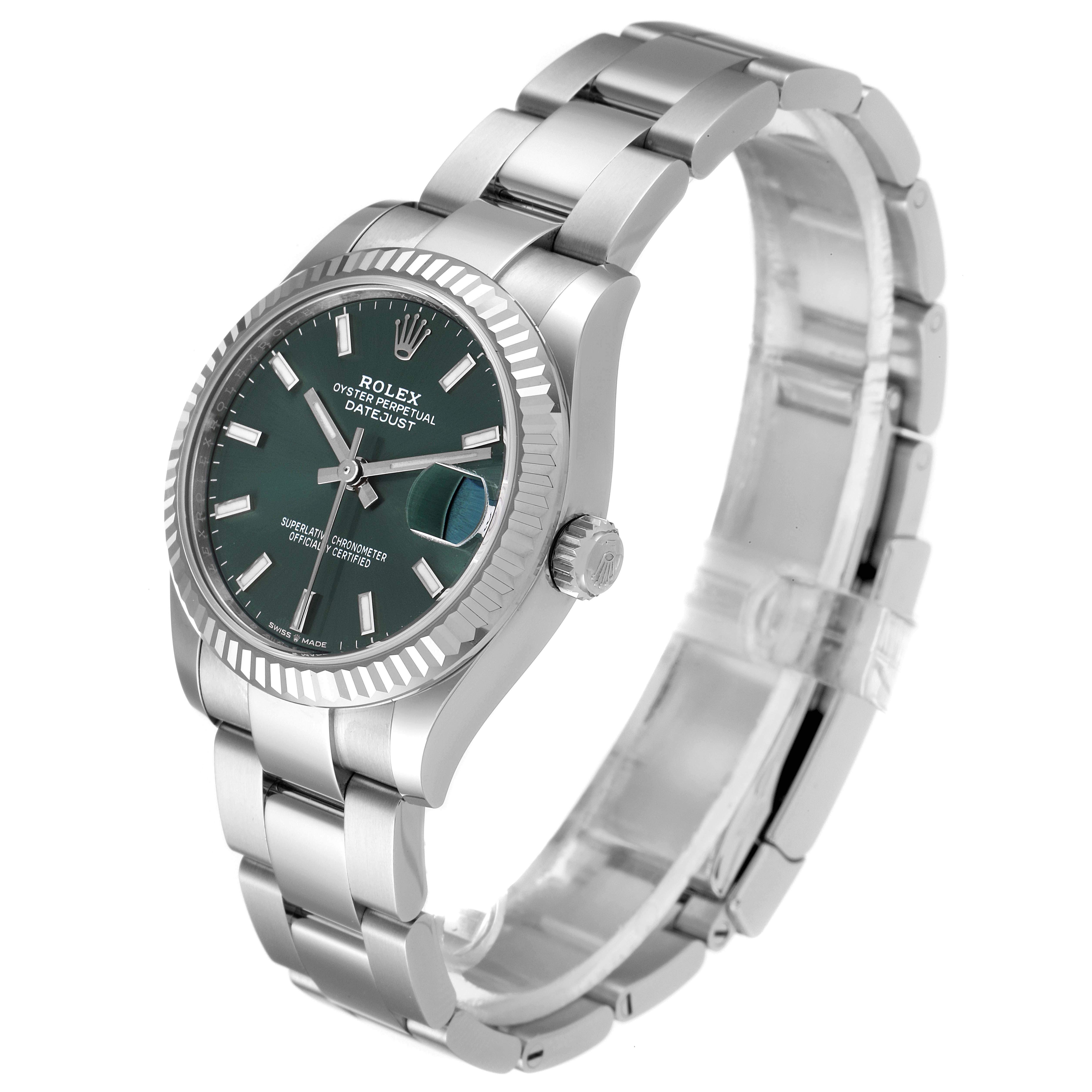 The image shows a Rolex Mid-Size 278274 Women's Stainless Steel Green Dial 278274 Women's Stainless Steel Green Dial Oyster Perpetual Datejust watch angled to display the face, bezel, crown, and bracelet.