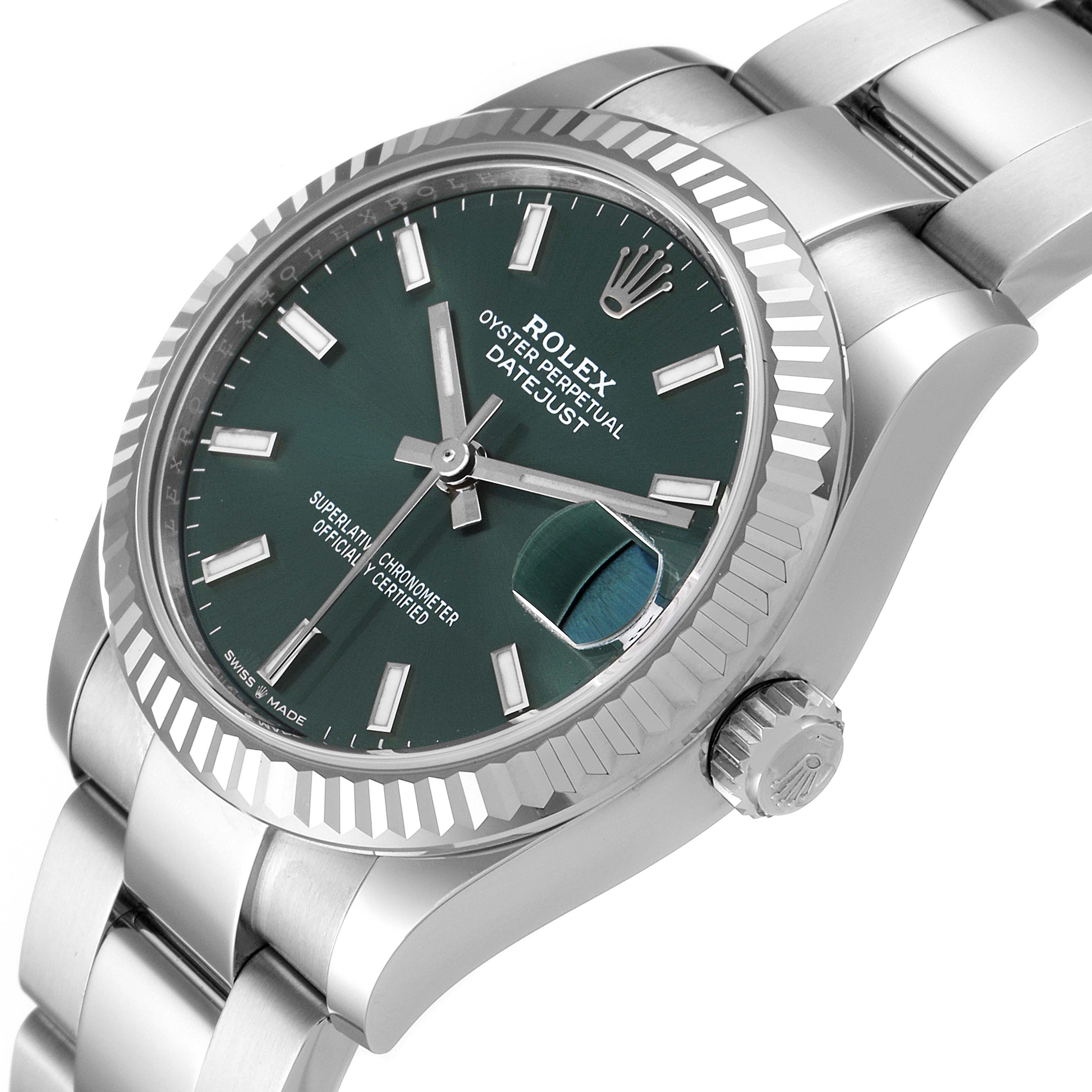 The image shows a Rolex Mid-Size 278274 Women's Stainless Steel Green Dial 278274 Women's Stainless Steel Green Dial Datejust watch at a slight angle, highlighting the green dial, bezel, crown, and bracelet.